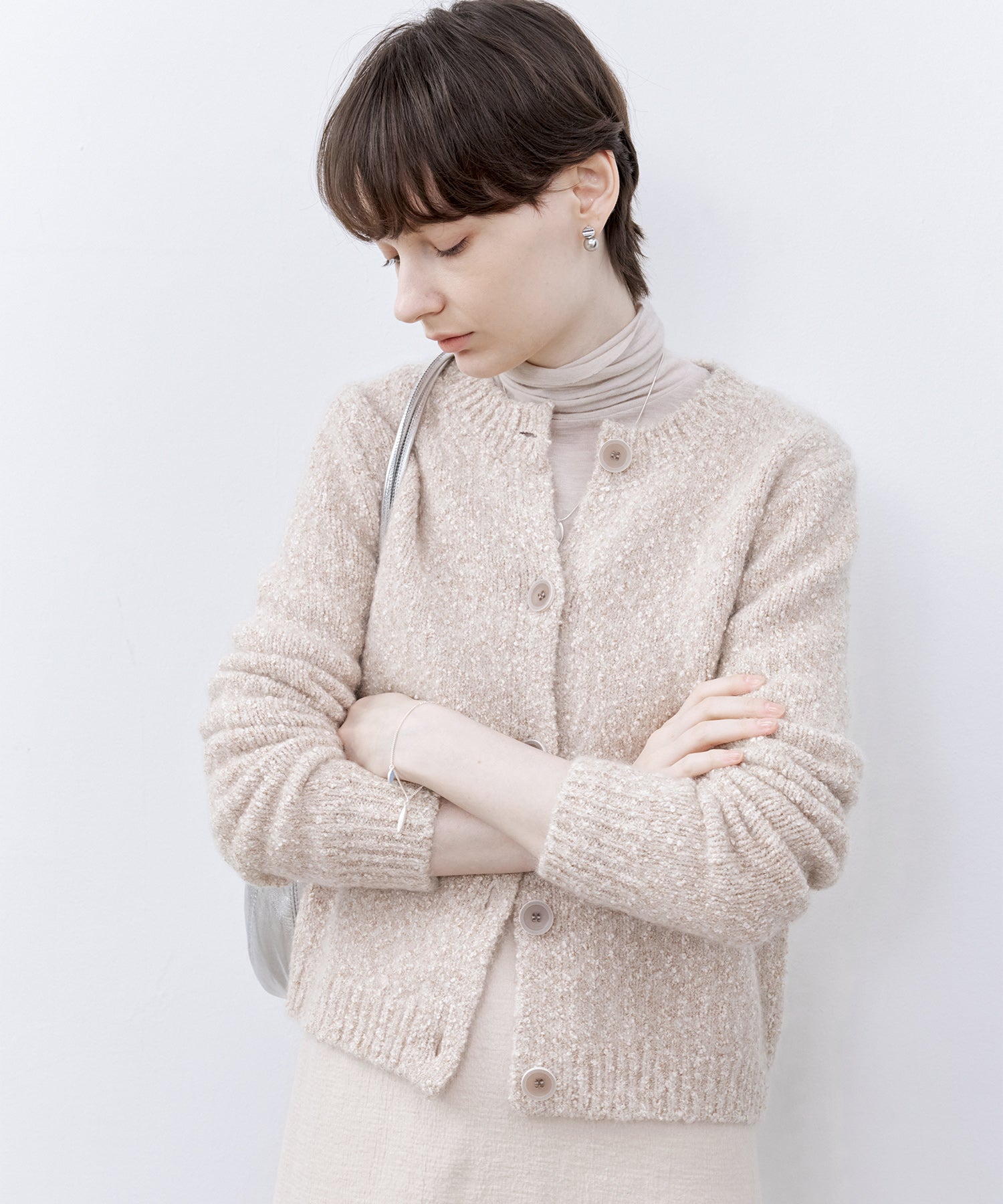 Nepped Knit Cardigan with Tweed Texture
