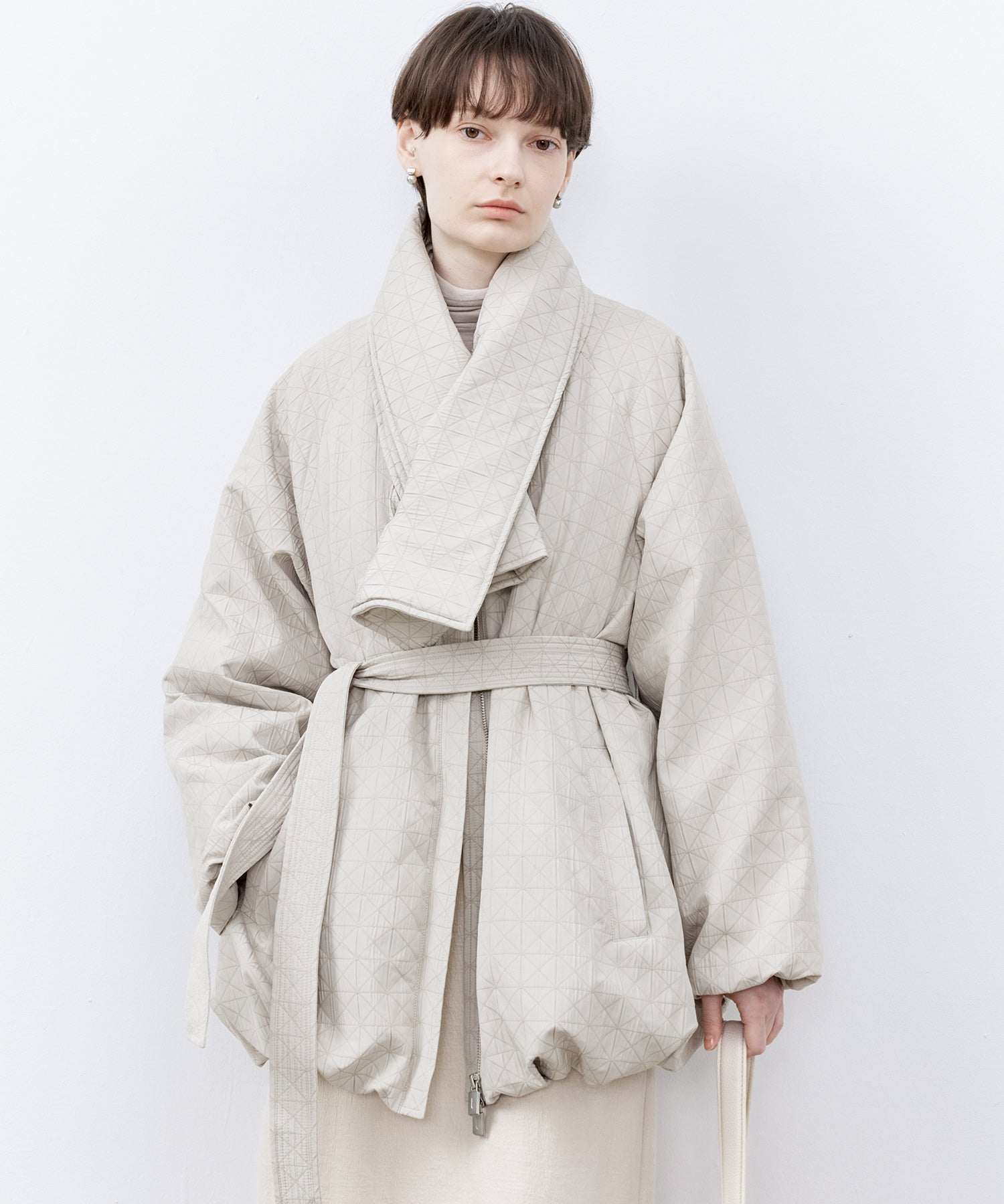 Diamond Jacquard Quilted Down Coat – Belt &amp; Scarf Set