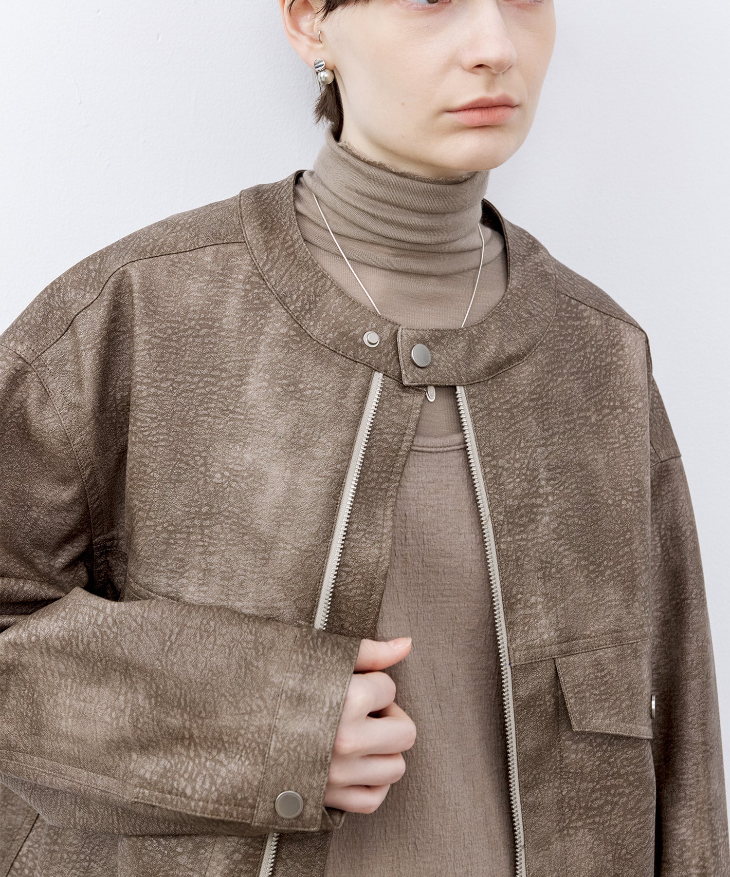 Vintage Grain Washed Faux Leather Panel Jacket