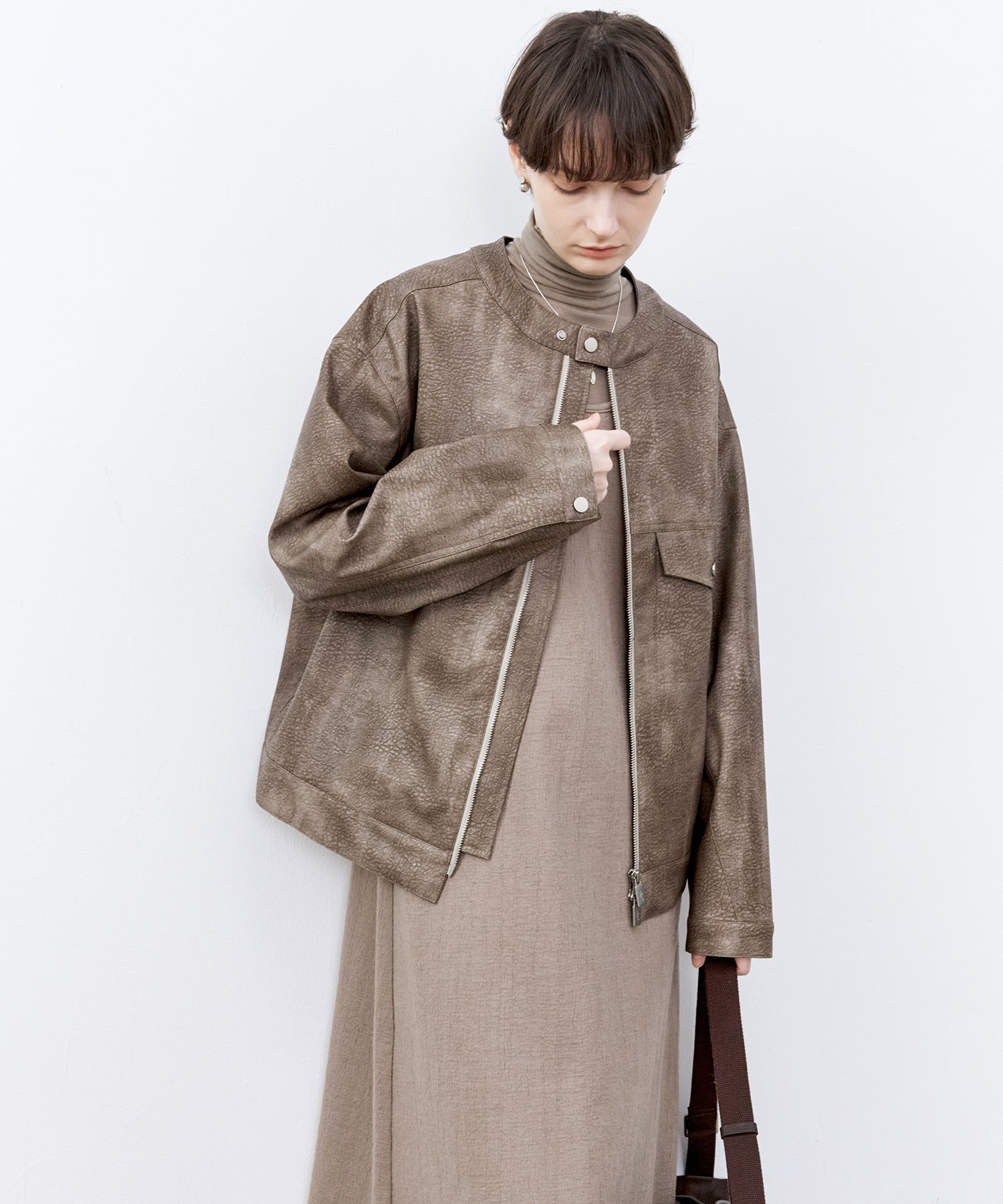 Vintage Grain Washed Faux Leather Panel Jacket