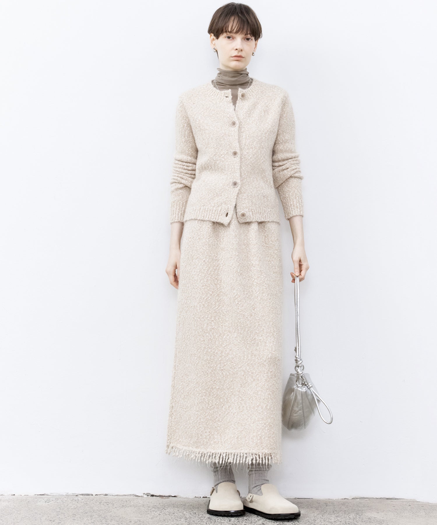 Fringe Accent Textured Knit Skirt – Tweed-Like A-Line