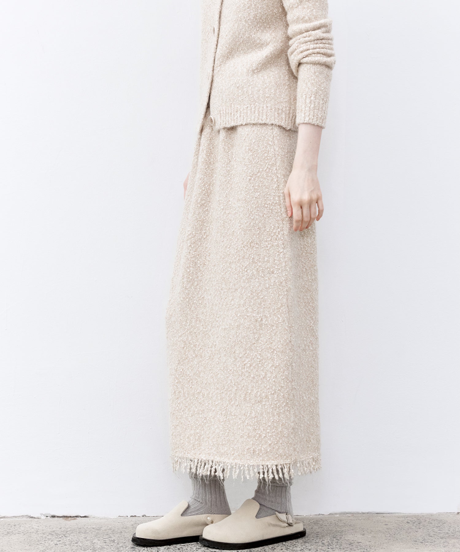 Fringe Accent Textured Knit Skirt – Tweed-Like A-Line