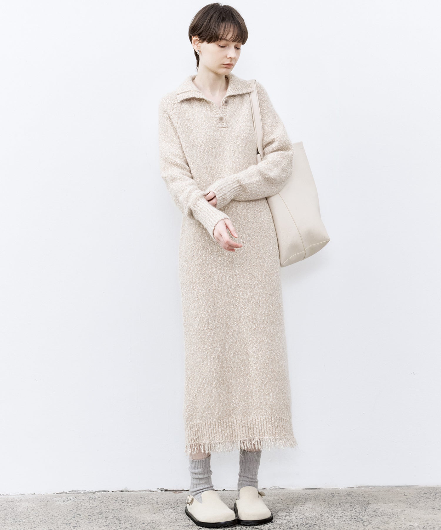 Tweed Like Knit Shirt Dress with Fringe Details