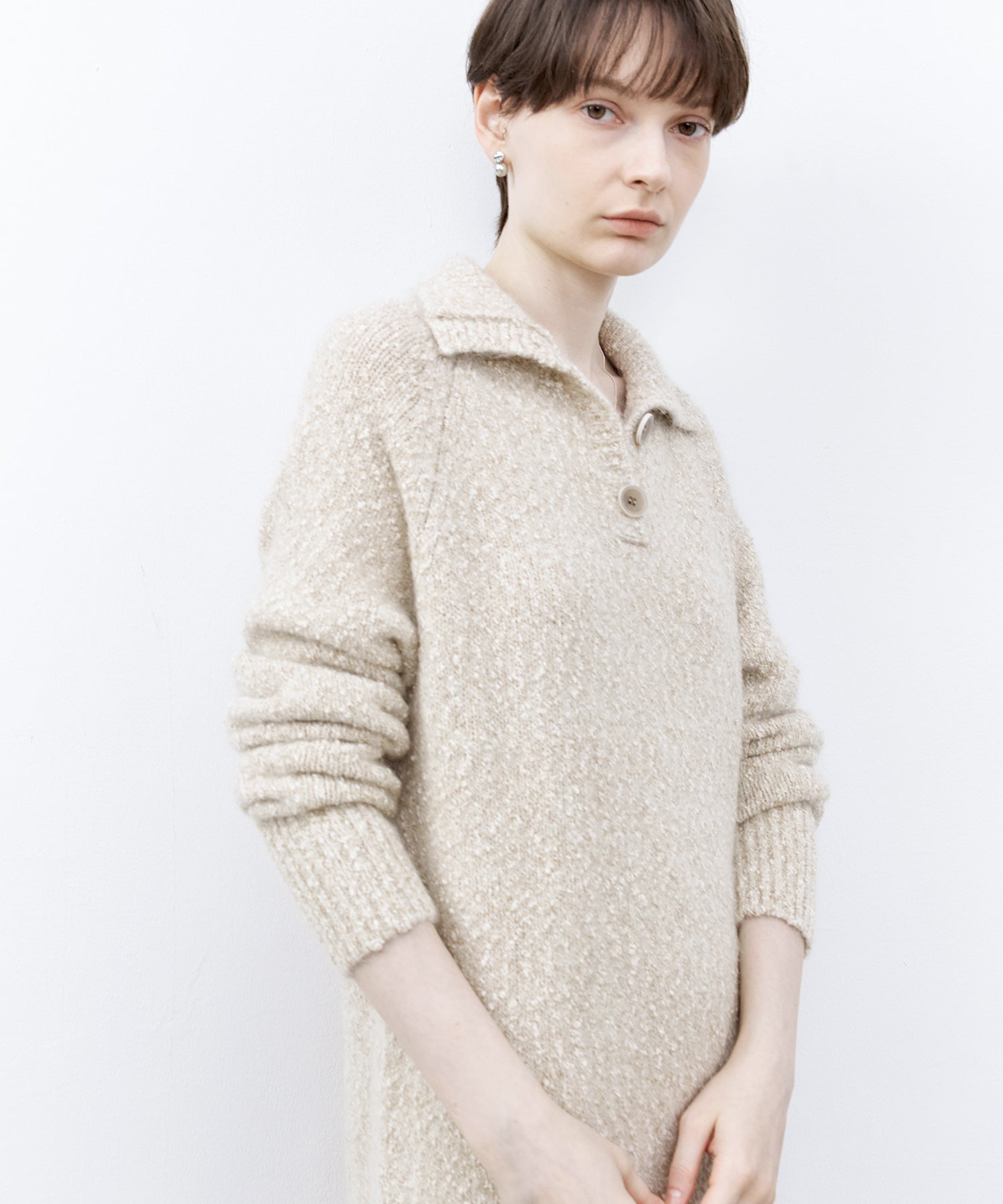 Tweed Like Knit Shirt Dress with Fringe Details