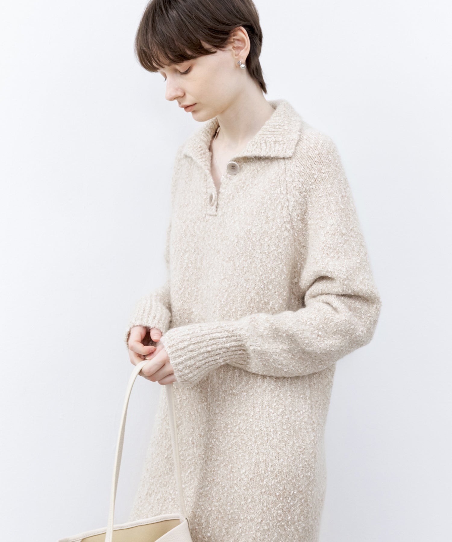 Tweed Like Knit Shirt Dress with Fringe Details