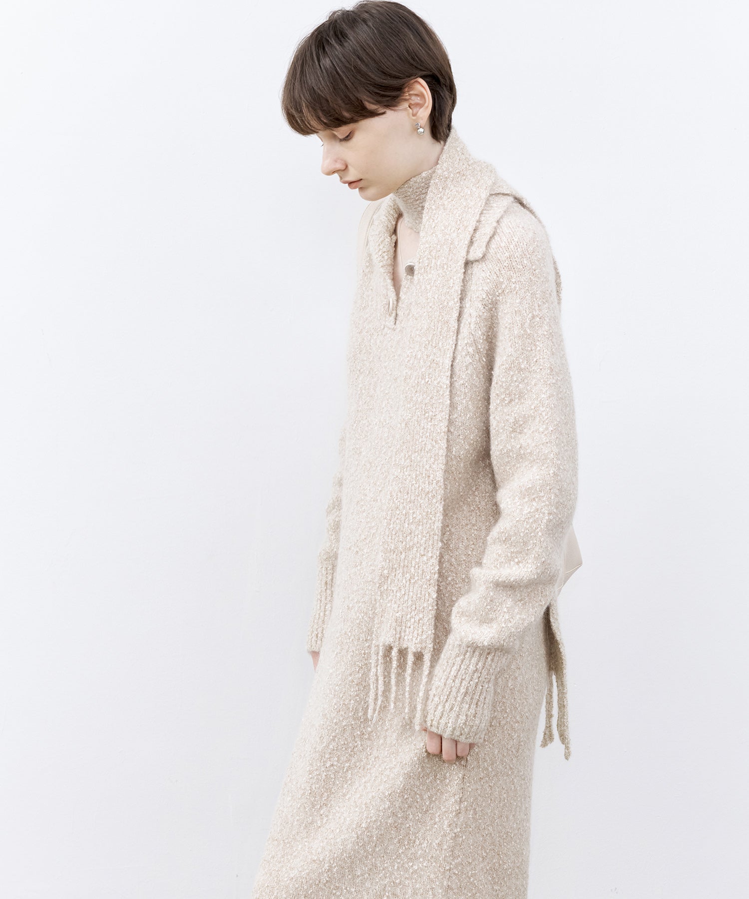 Tweed Like Knit Shirt Dress with Fringe Details