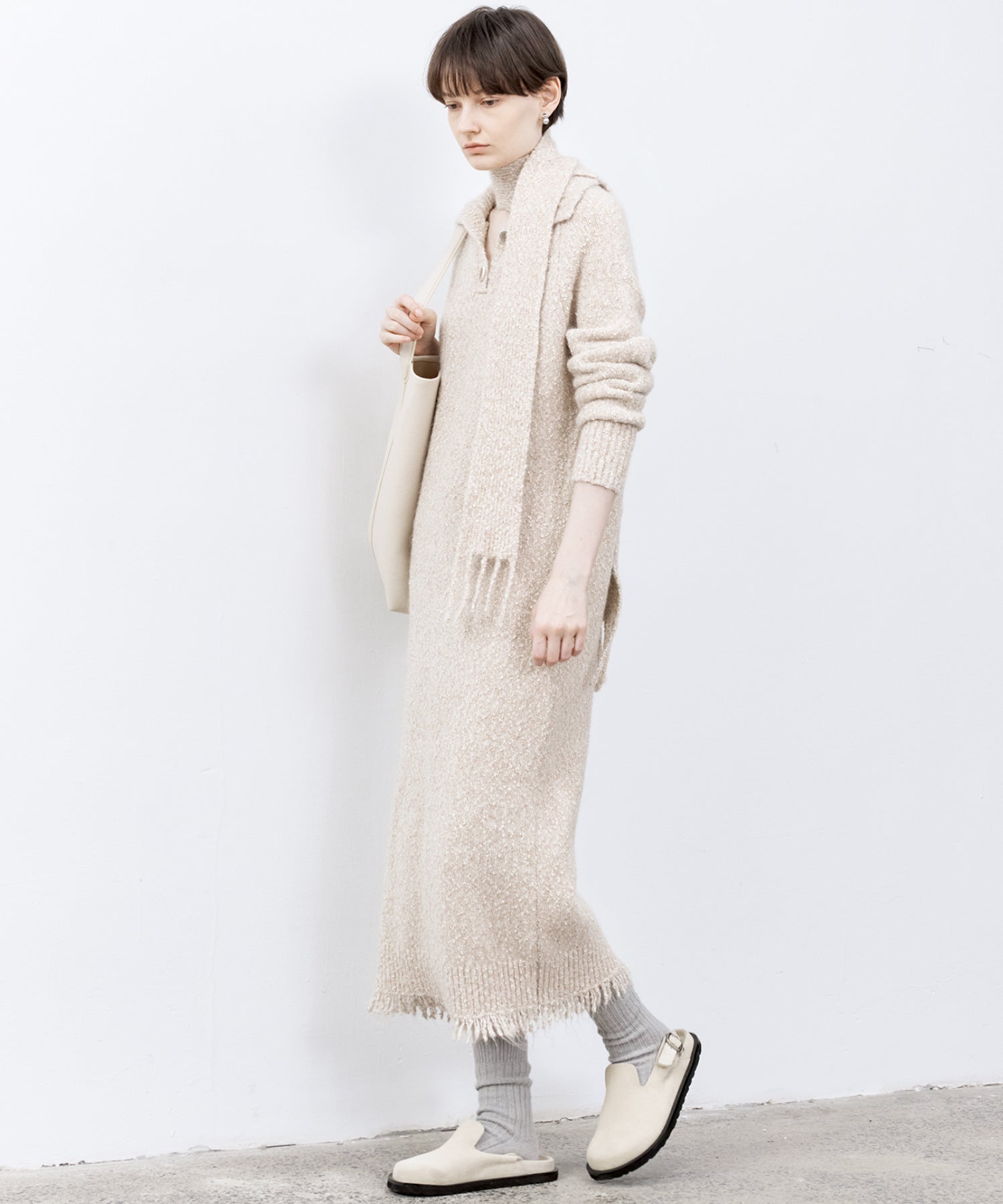 Tweed Like Knit Shirt Dress with Fringe Details