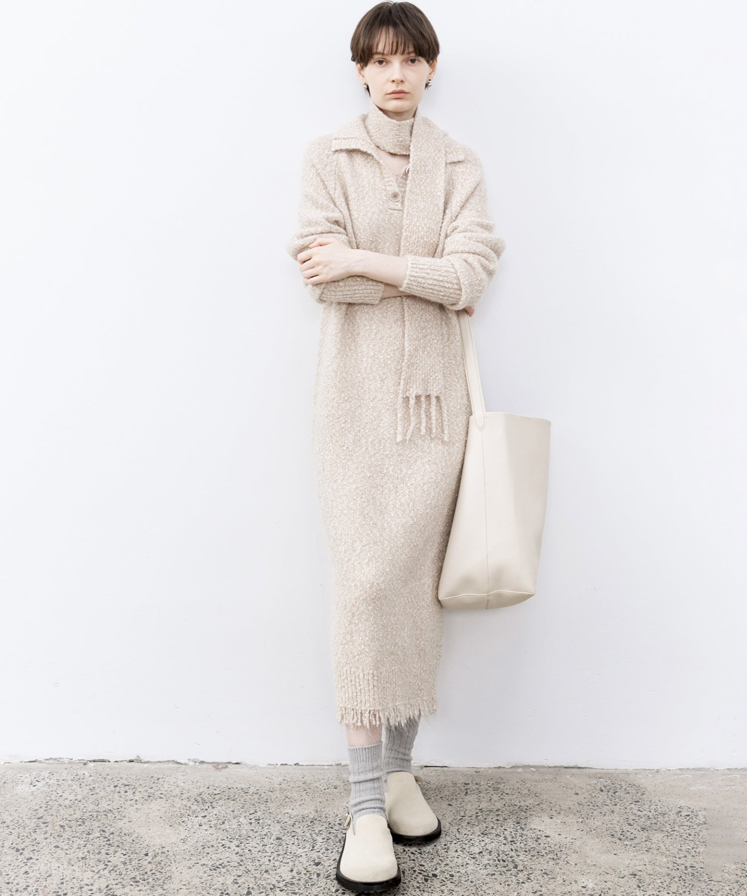 Tweed Like Knit Shirt Dress with Fringe Details