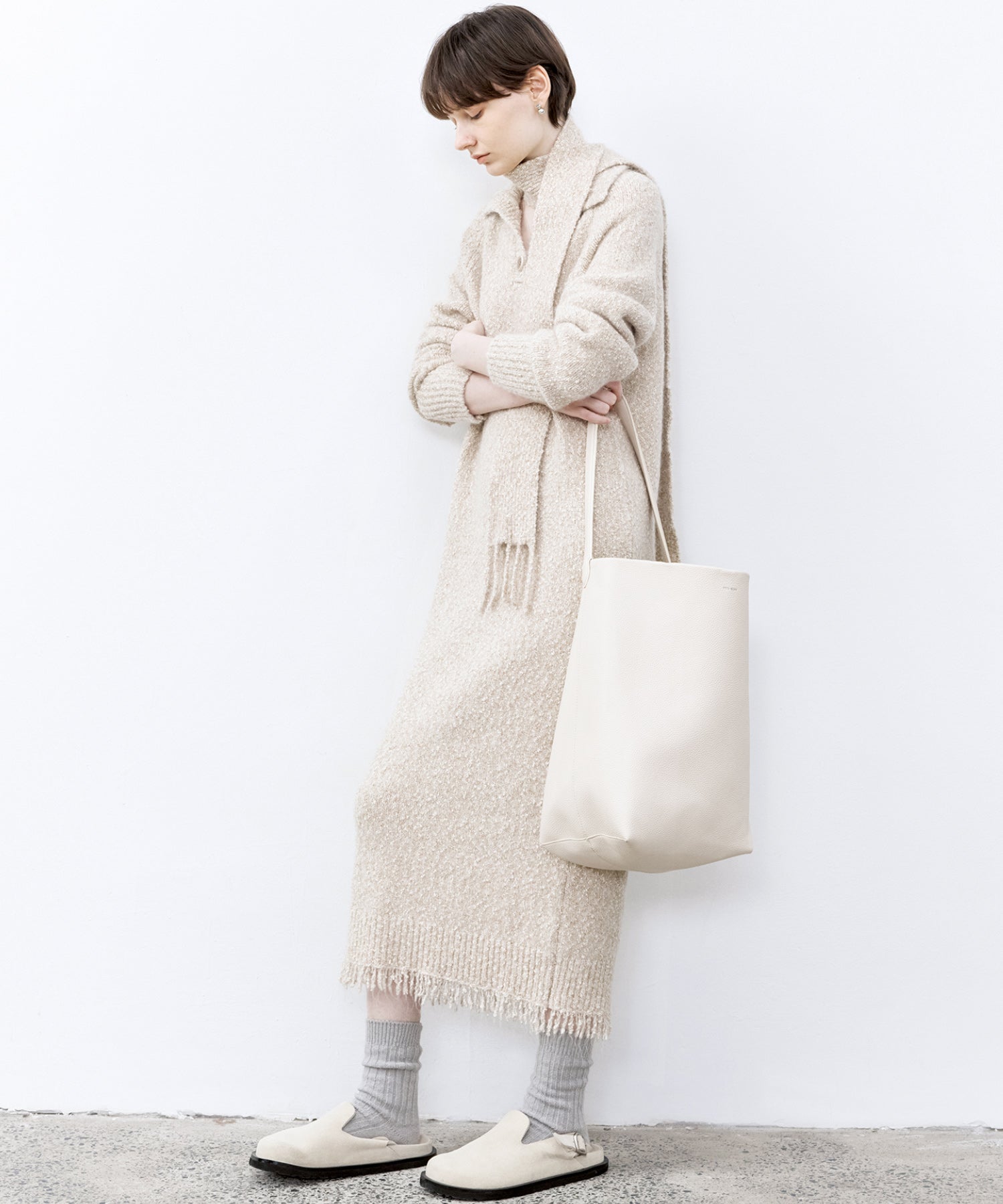 Tweed Like Knit Shirt Dress with Fringe Details