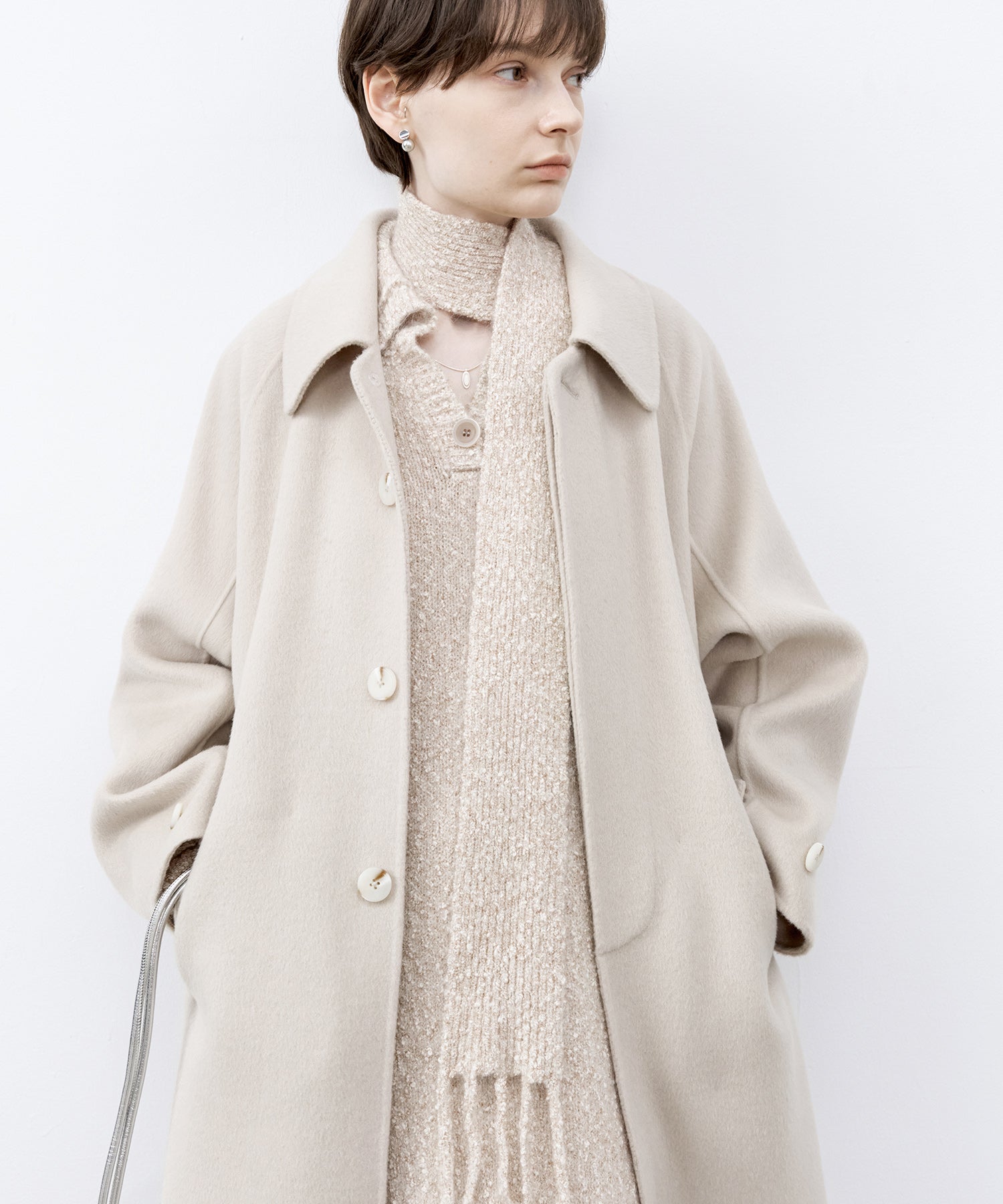 Tweed Like Knit Shirt Dress with Fringe Details