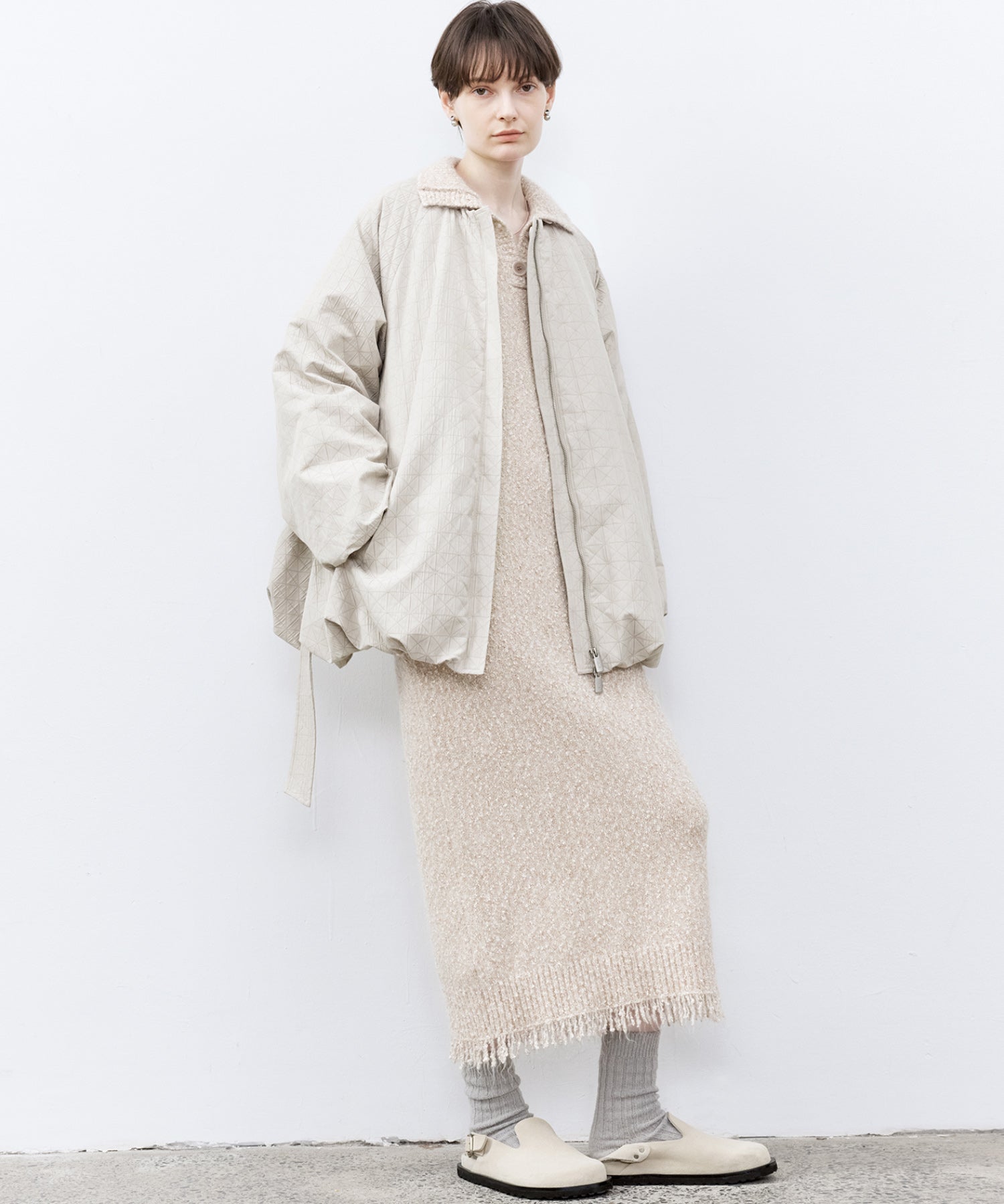 Diamond Jacquard Quilted Down Coat – Belt &amp; Scarf Set