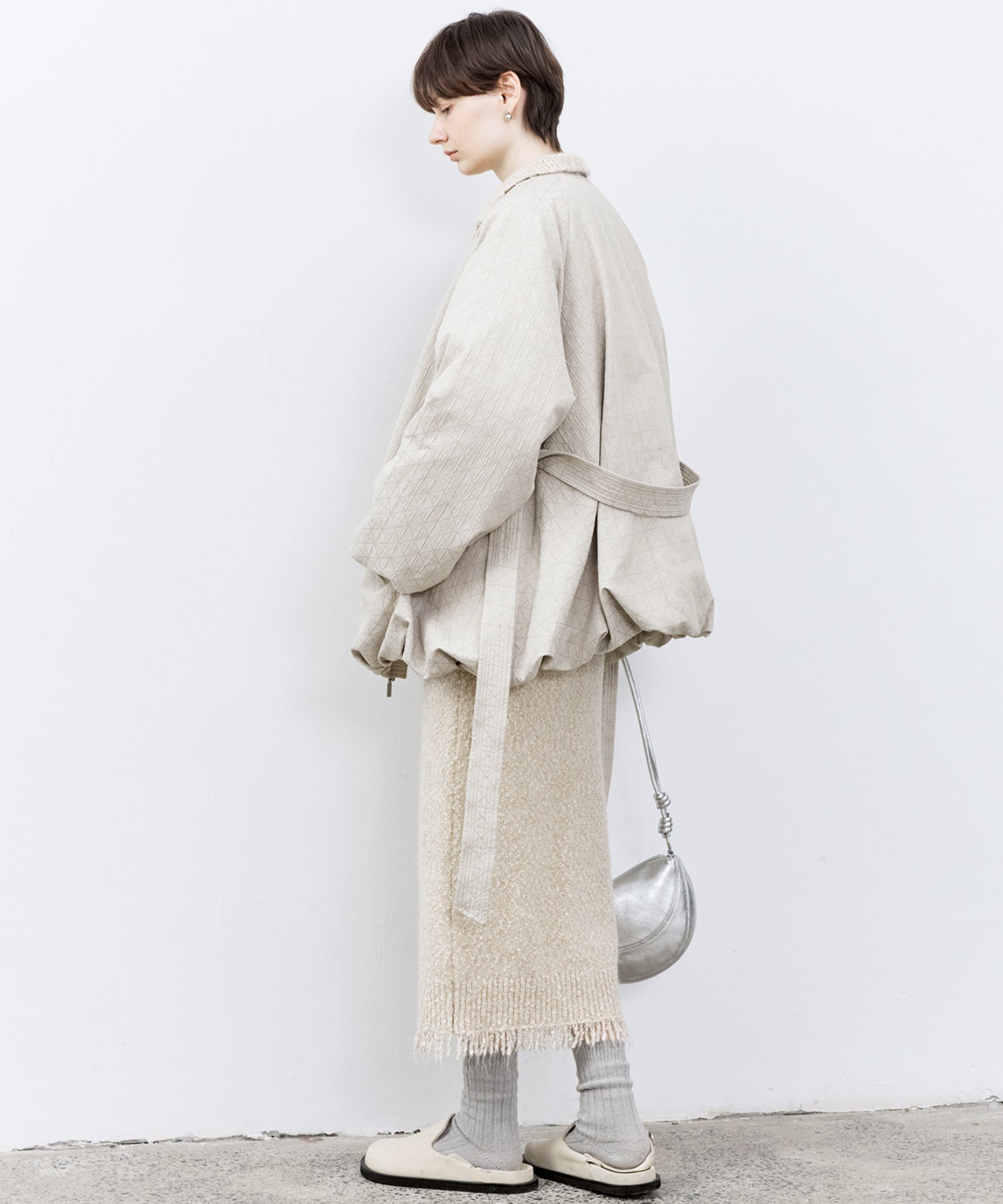 Diamond Jacquard Quilted Down Coat – Belt &amp; Scarf Set