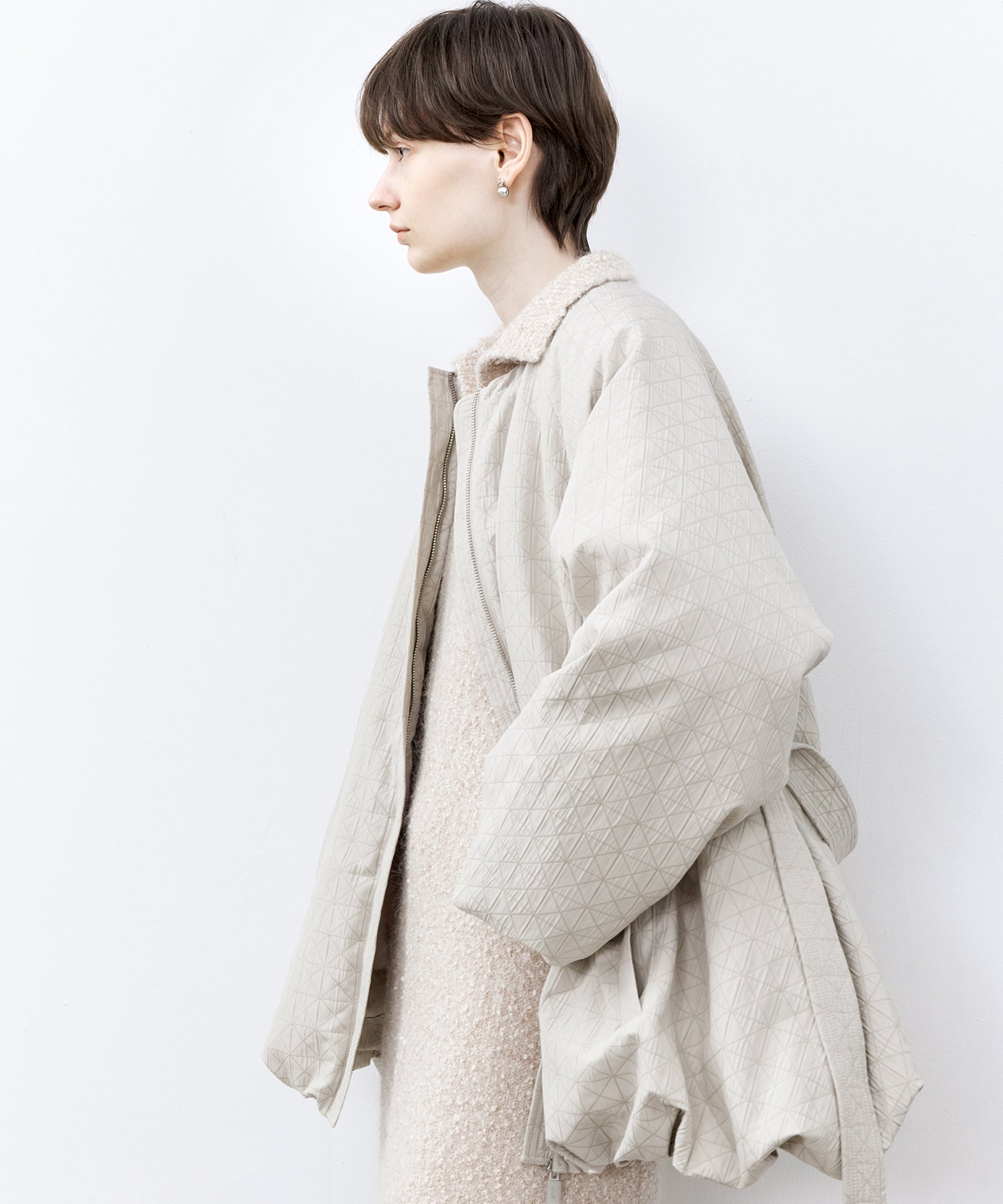 Diamond Jacquard Quilted Down Coat – Belt &amp; Scarf Set