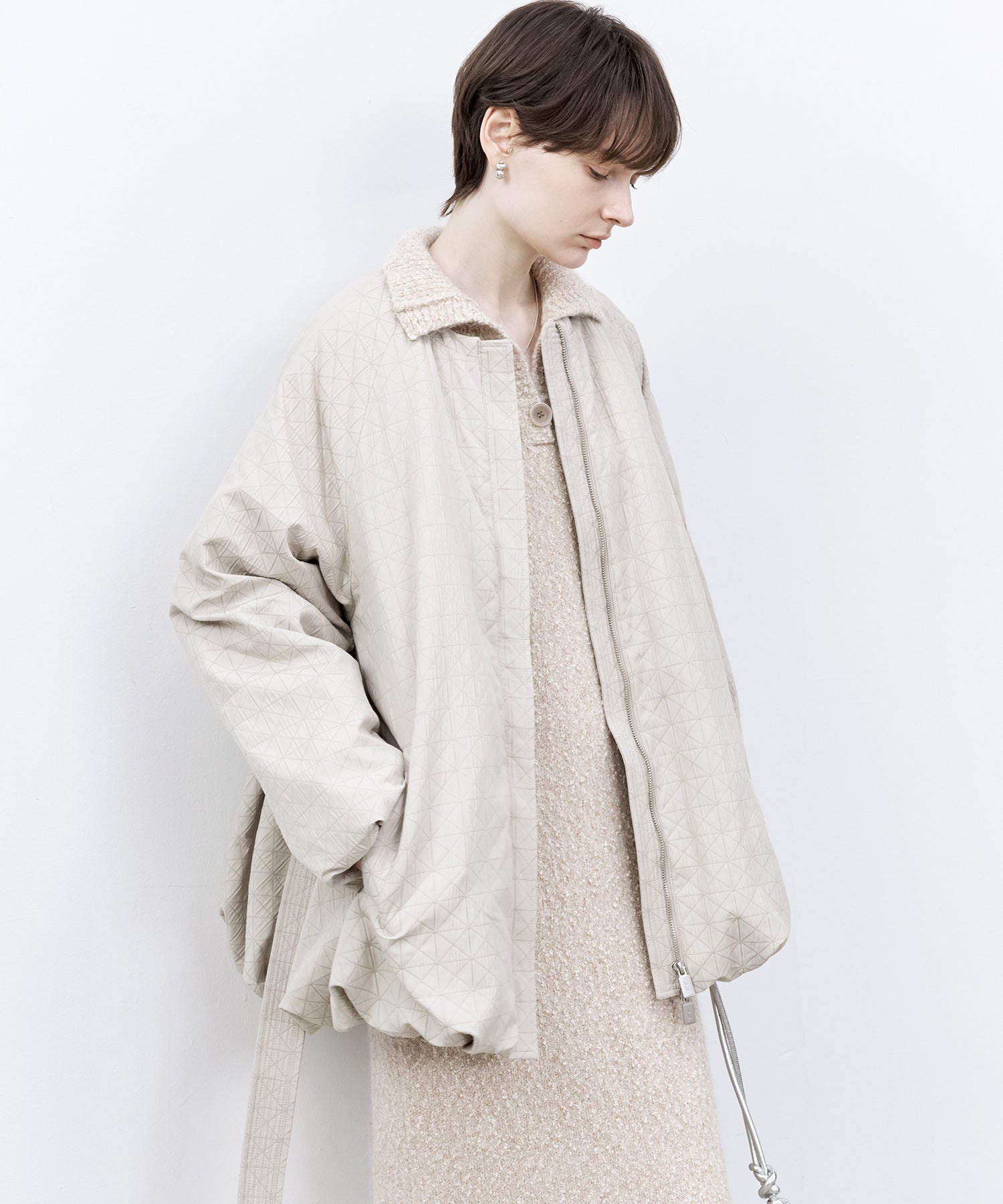 Diamond Jacquard Quilted Down Coat – Belt &amp; Scarf Set