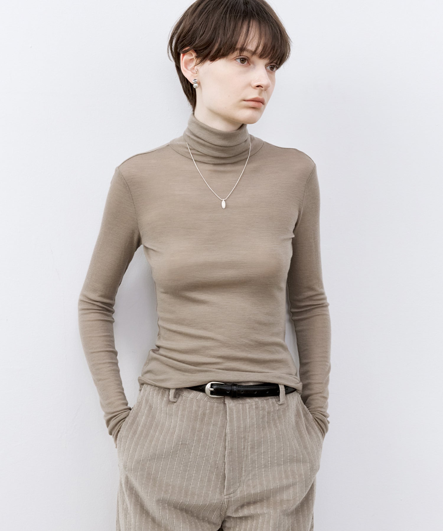 Draped Texture Wool Turtleneck Long Sleeve Top