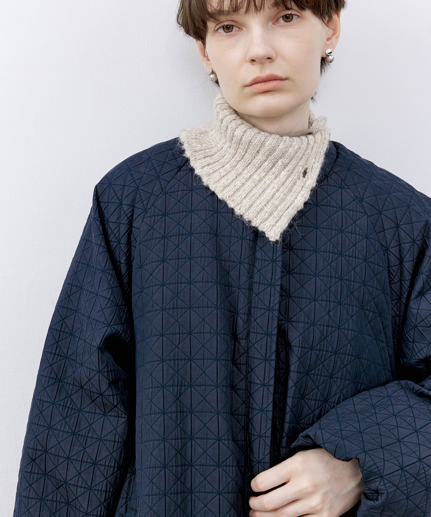 Diamond Jacquard Quilted Down Coat – Belt &amp; Scarf Set