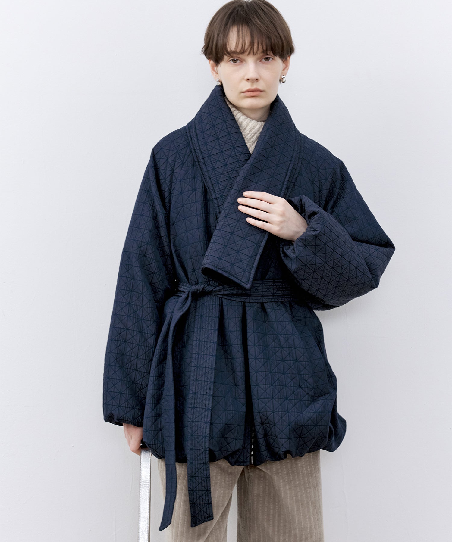 Diamond Jacquard Quilted Down Coat – Belt &amp; Scarf Set