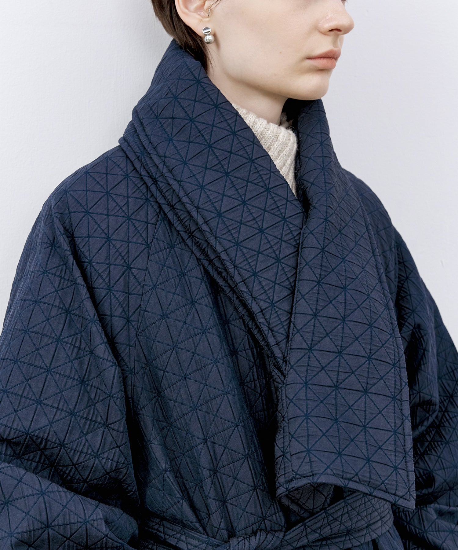 Diamond Jacquard Quilted Down Coat – Belt &amp; Scarf Set