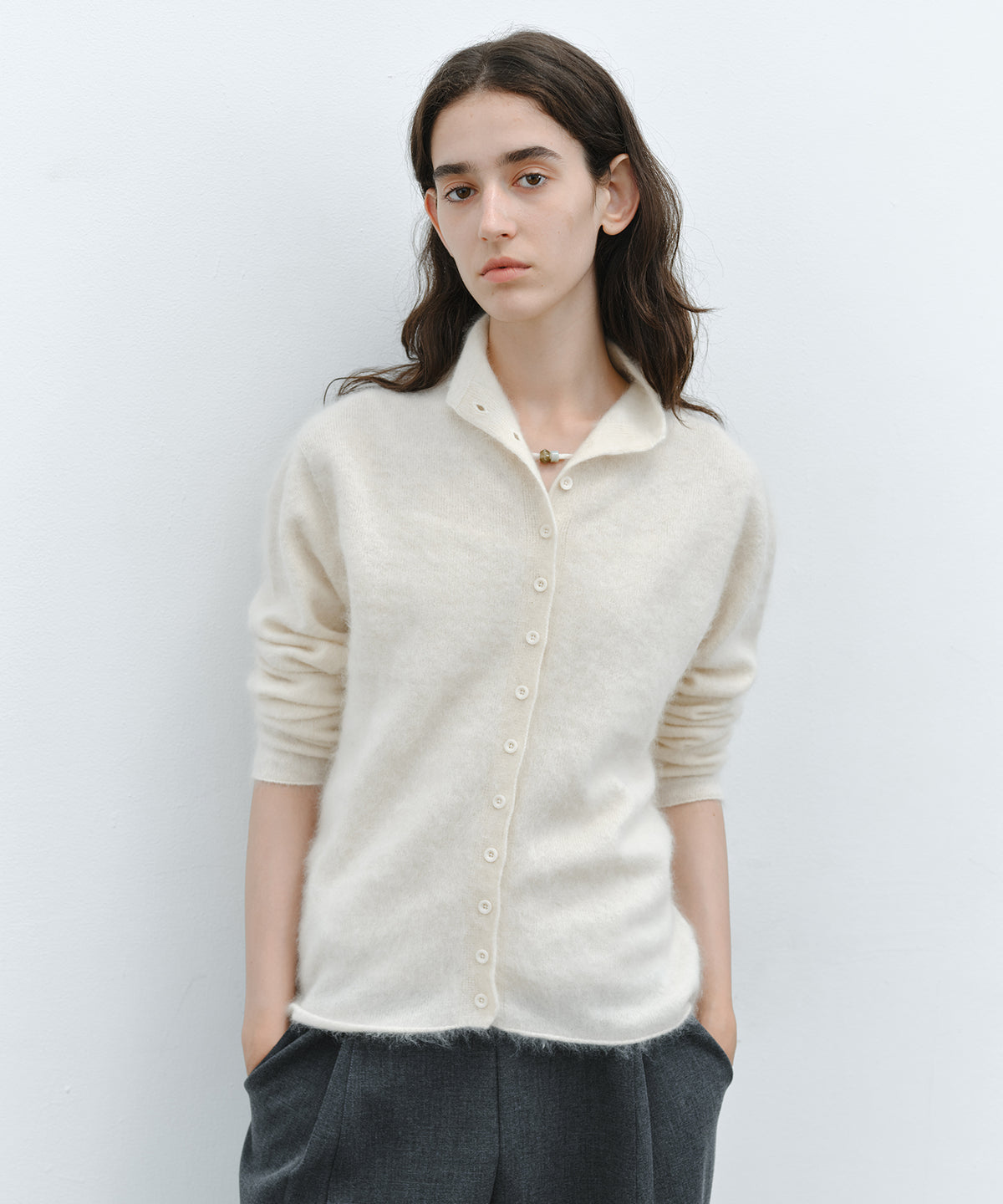 Brushed Cashmere-Blend High Neck Knit Cardigan
