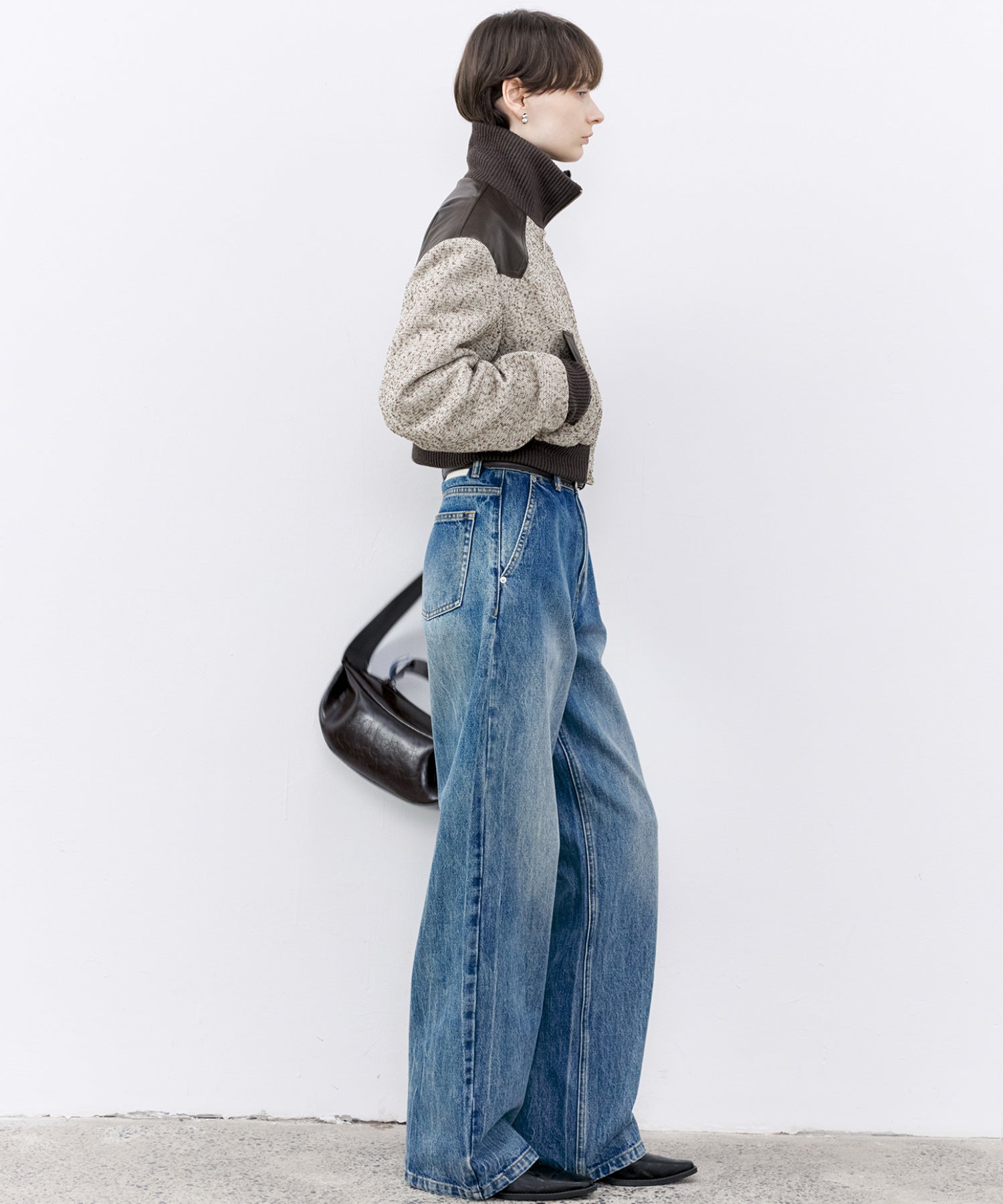 Textured Panel Short Puffer Jacket with Ribbed Stand Collar