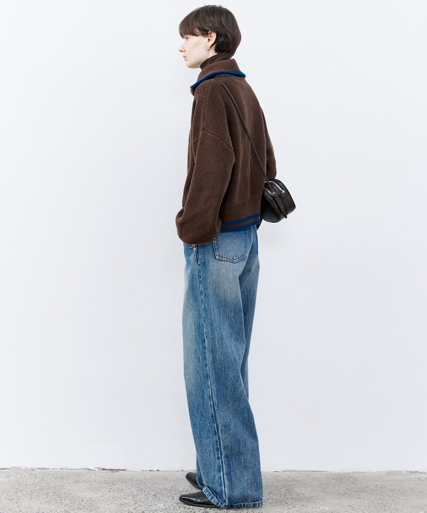 Contrast Panel Wool Zip Cardigan with Dual-Way Collar