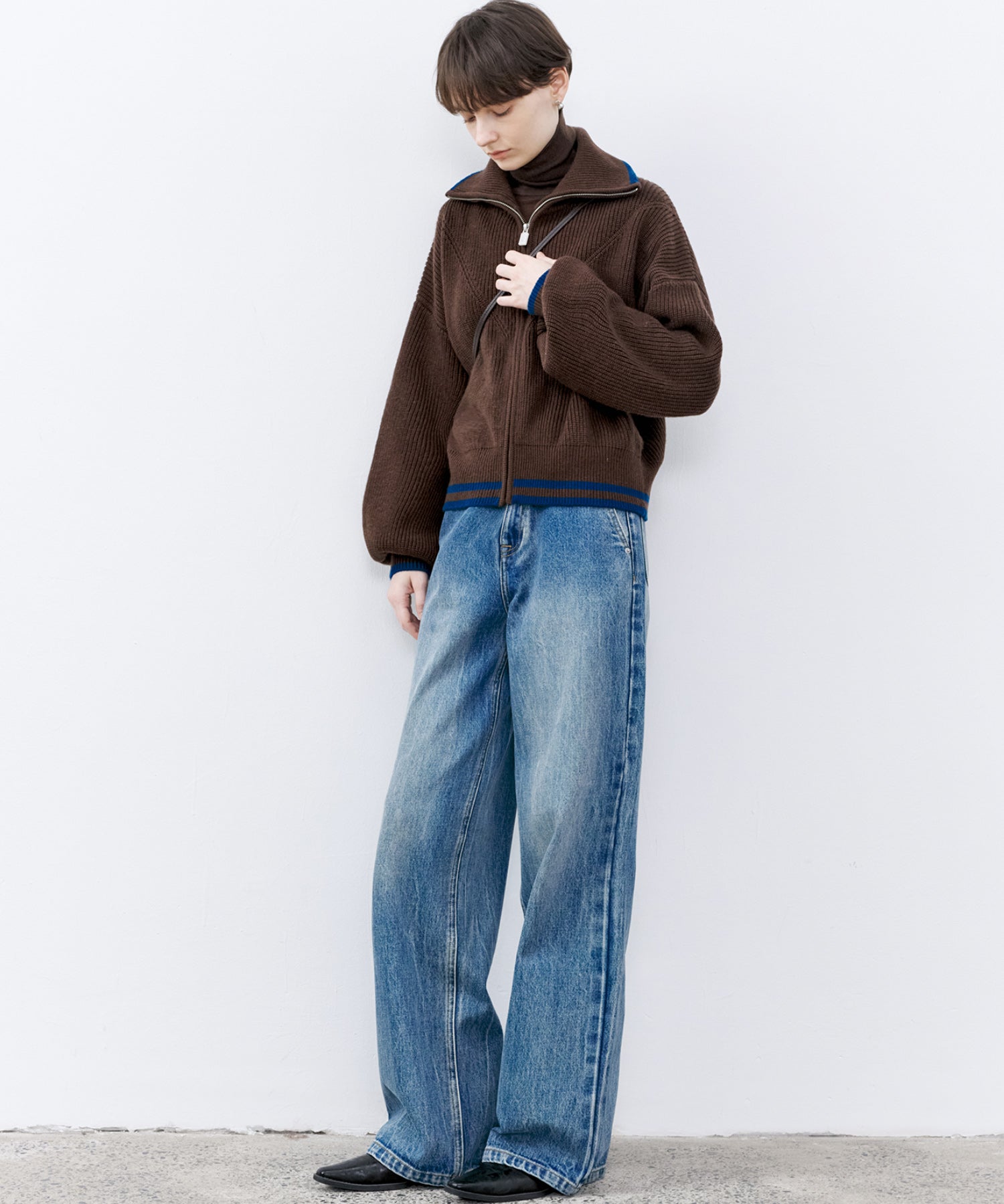 Contrast Panel Wool Zip Cardigan with Dual-Way Collar