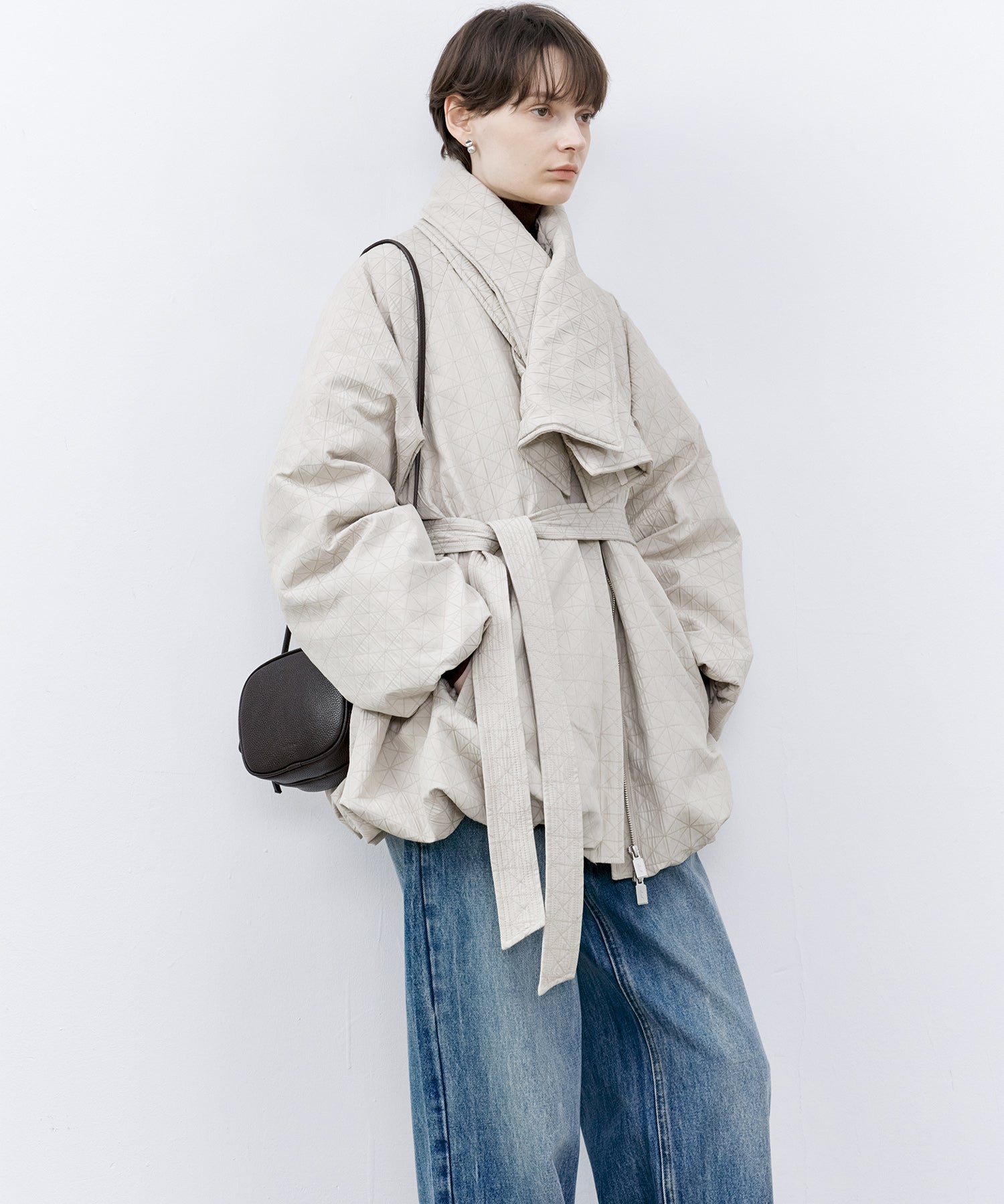 Diamond Jacquard Quilted Down Coat – Belt &amp; Scarf Set