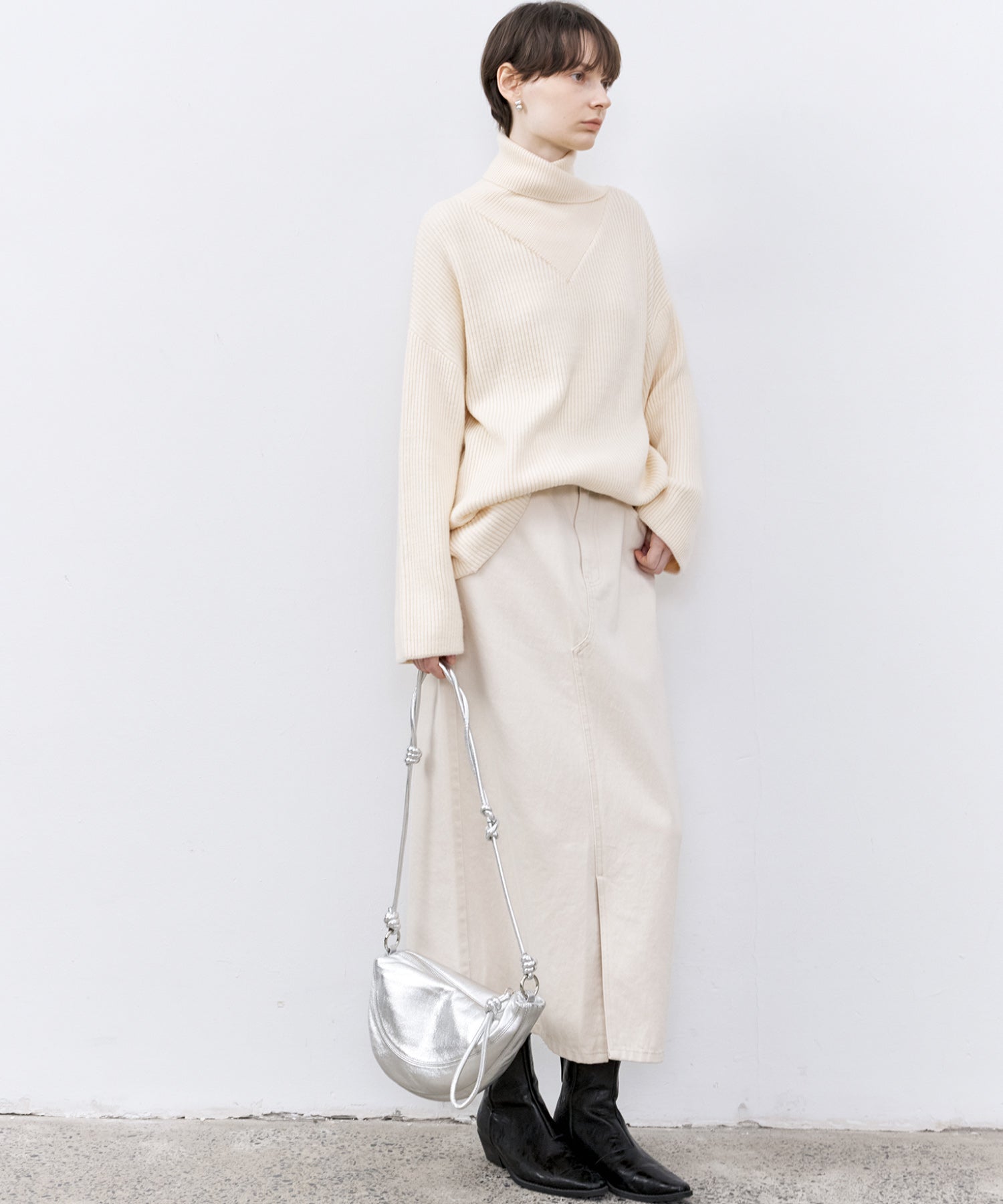 Relaxed Fit Wool-Blend Sweater with Crossed High Neck