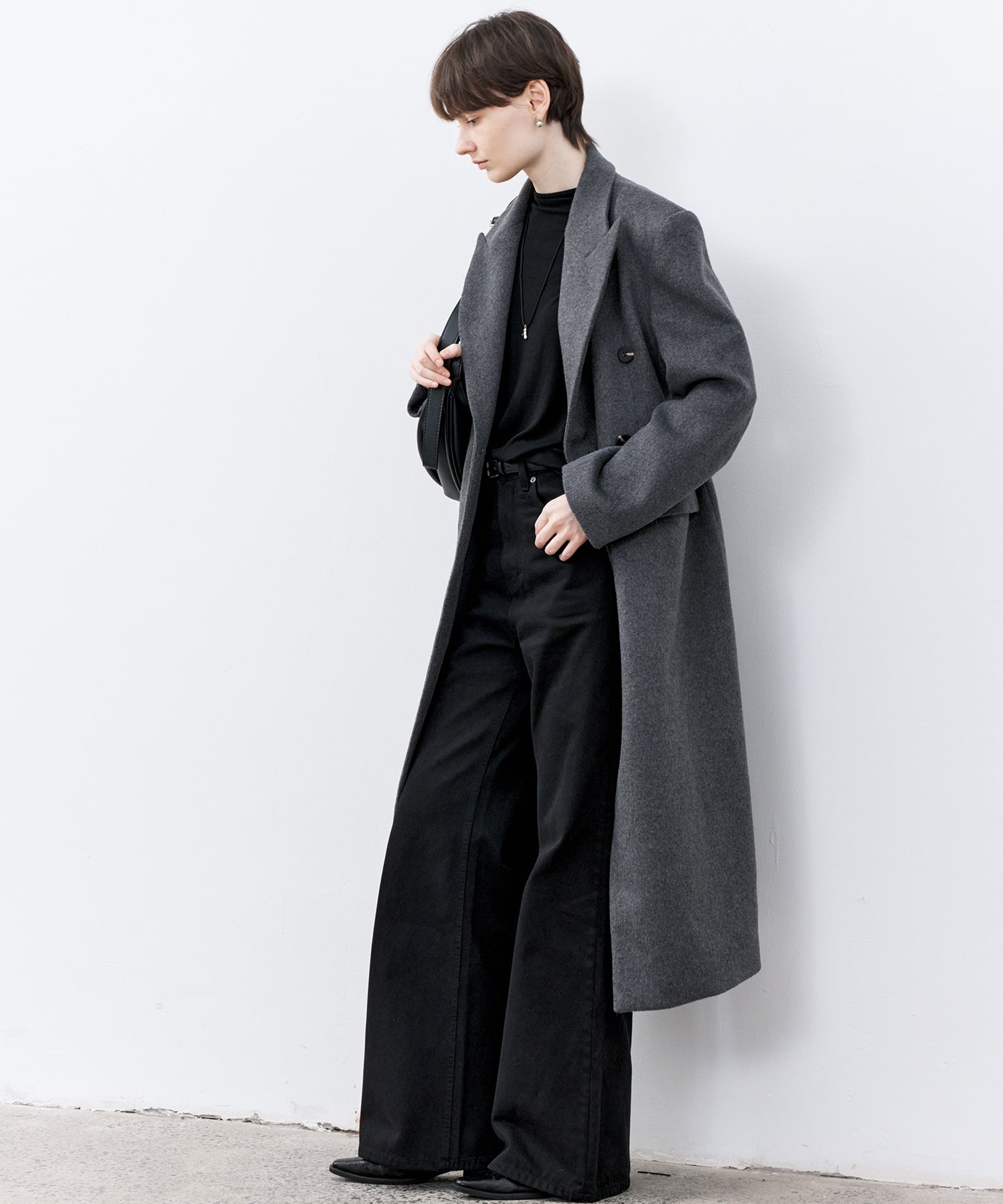 Structured Wool Long Coat with Padded Shoulders
