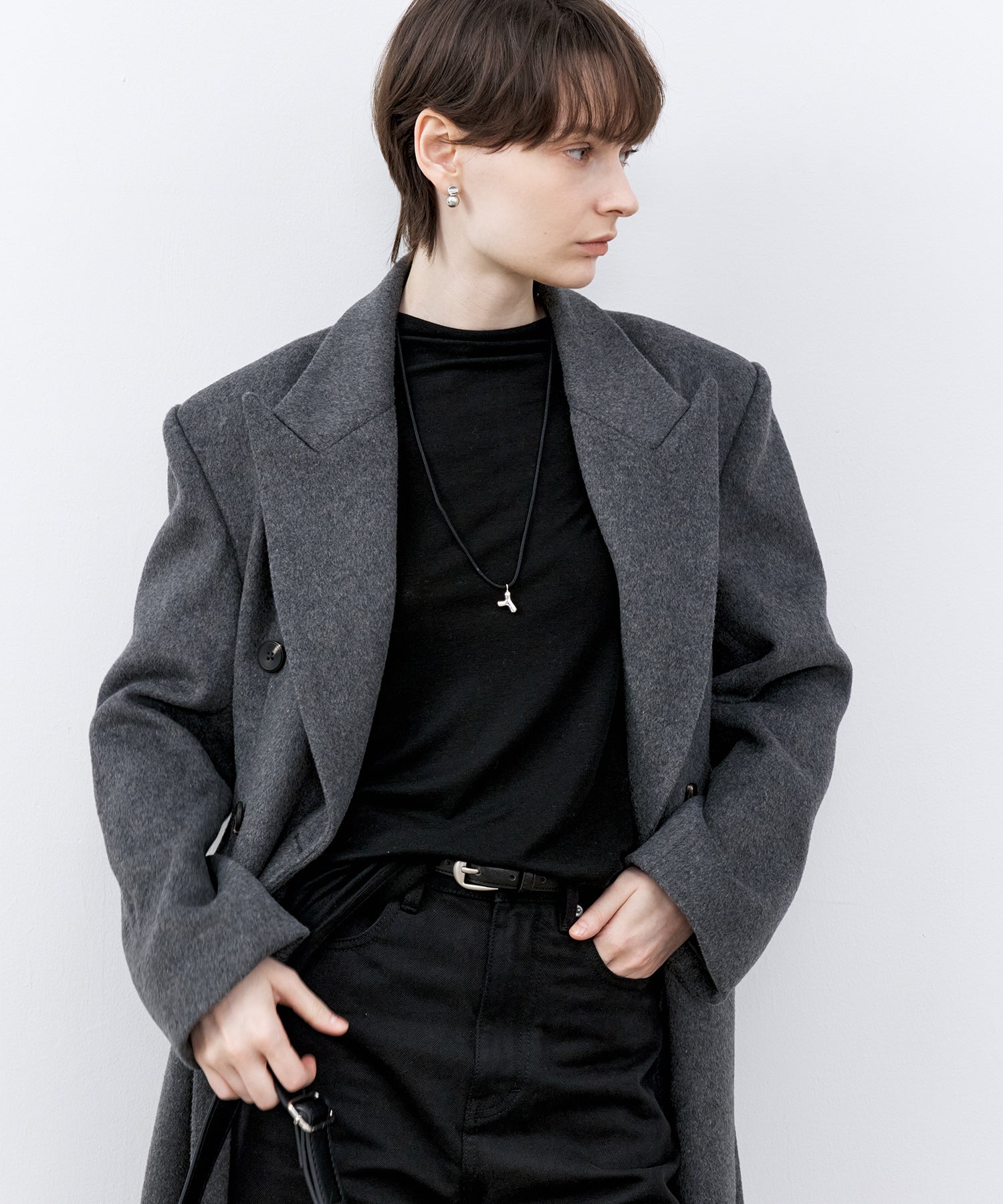 Structured Wool Long Coat with Padded Shoulders