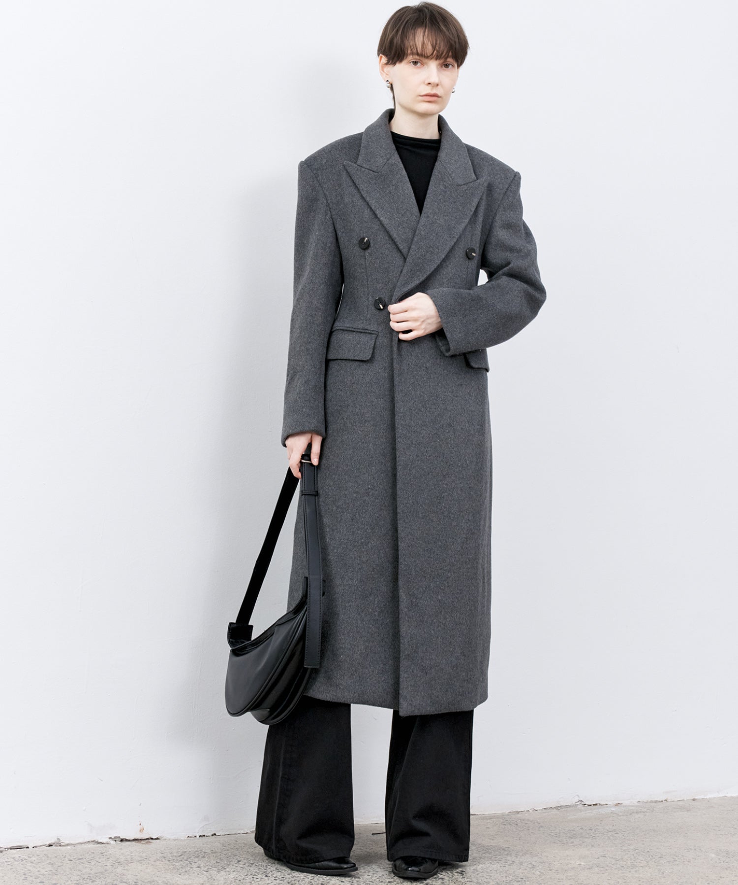 Structured Wool Long Coat with Padded Shoulders