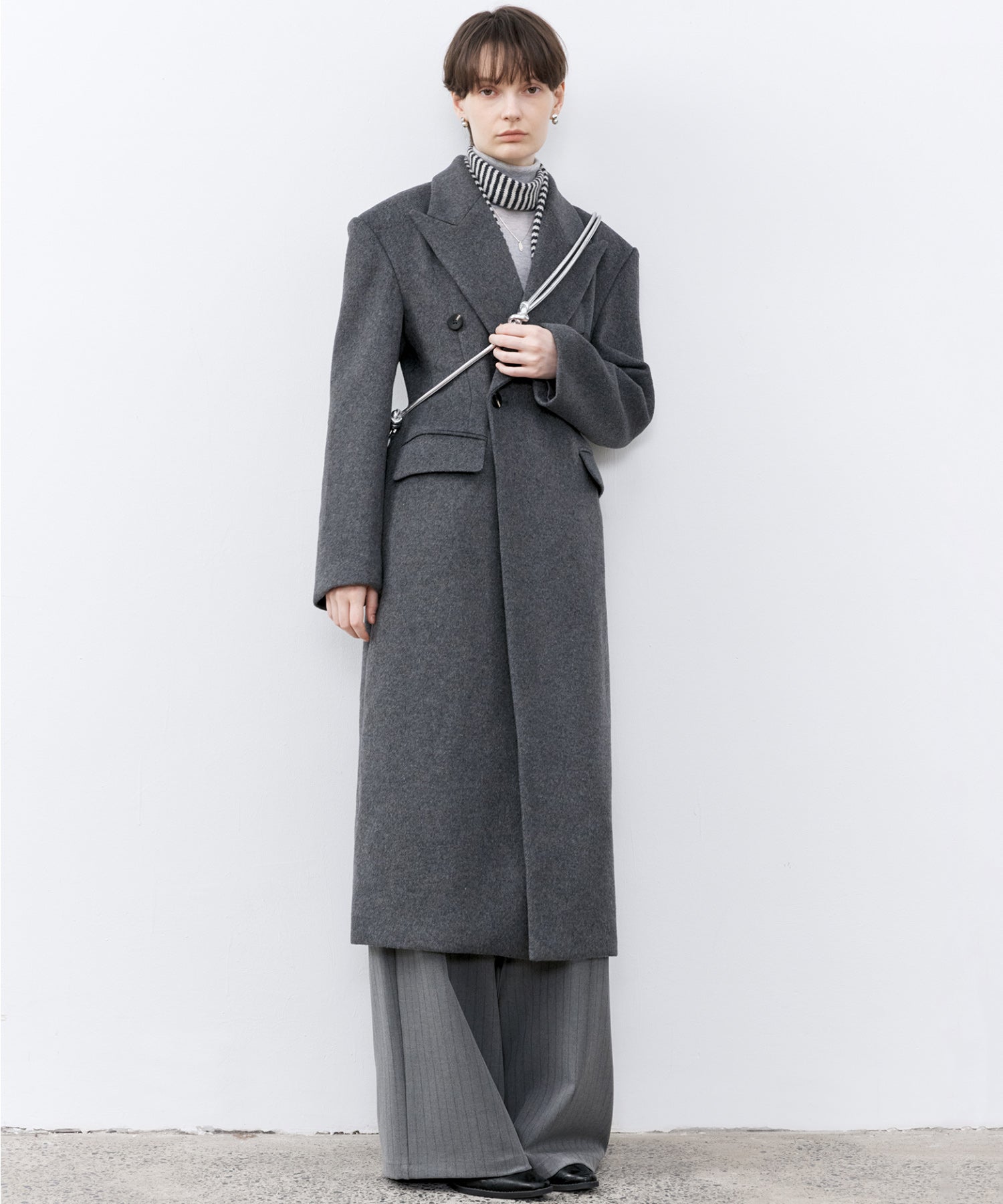 Structured Wool Long Coat with Padded Shoulders
