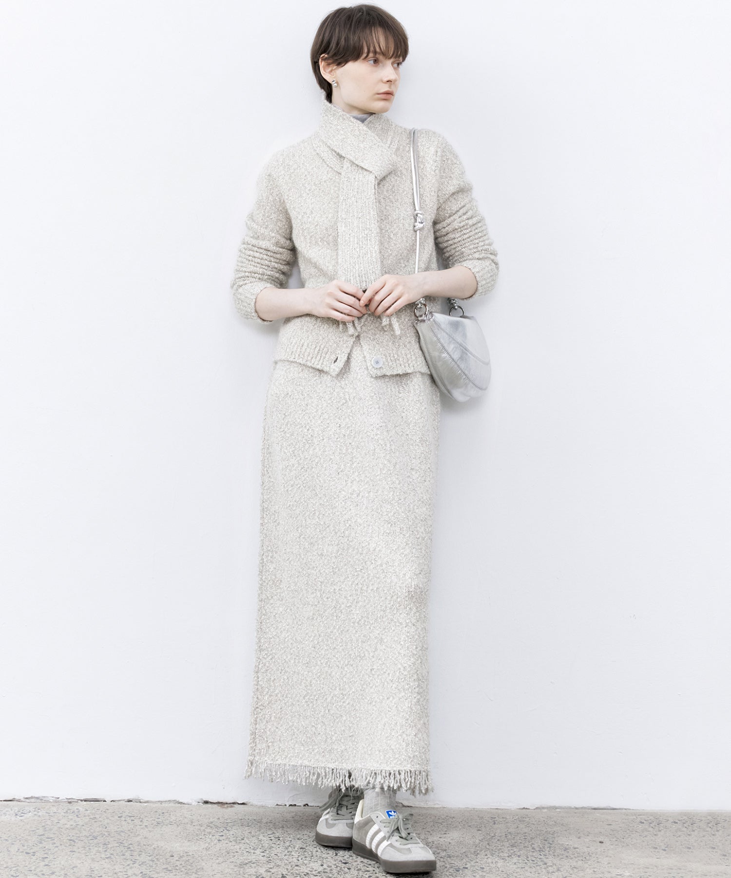 Fringe Accent Textured Knit Skirt – Tweed-Like A-Line