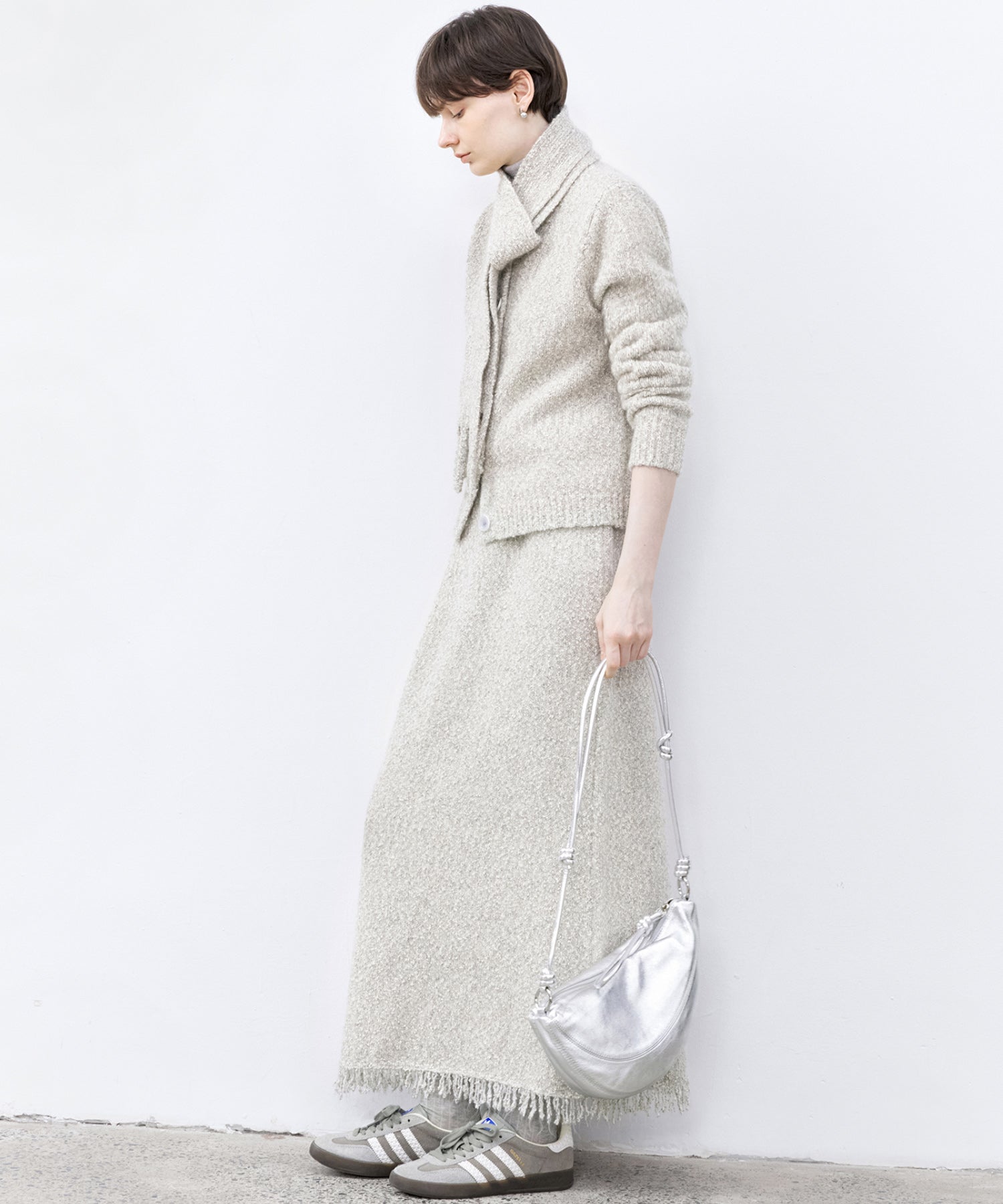 Fringe Accent Textured Knit Skirt – Tweed-Like A-Line