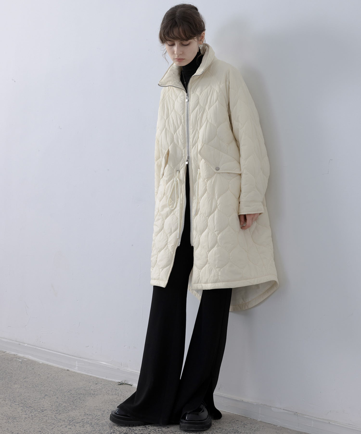Irregular hem oversized volume quilted long coat 