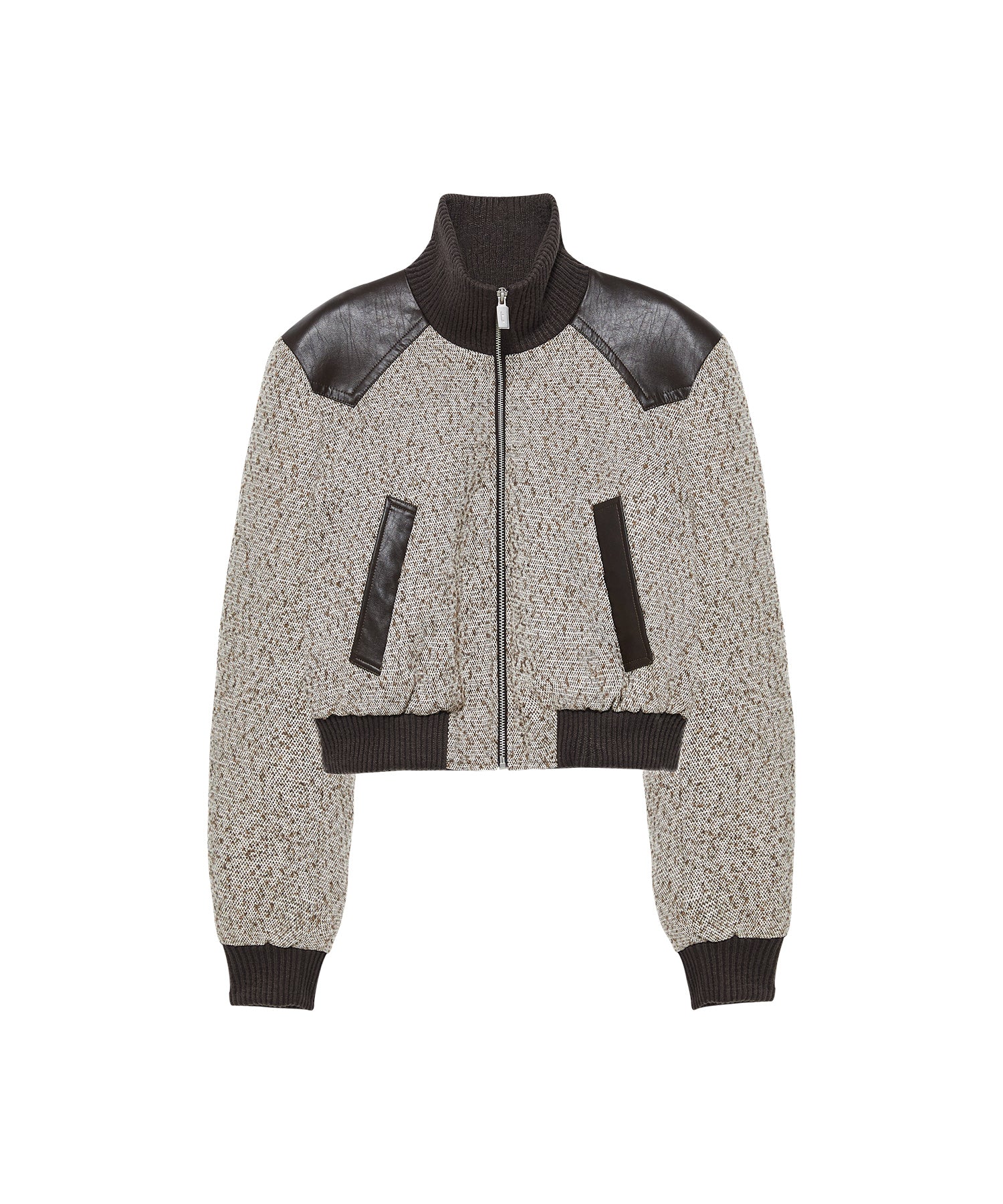 Textured Panel Short Puffer Jacket with Ribbed Stand Collar