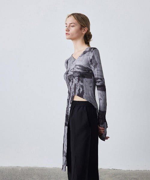 Asymmetry Print Cropped Tops