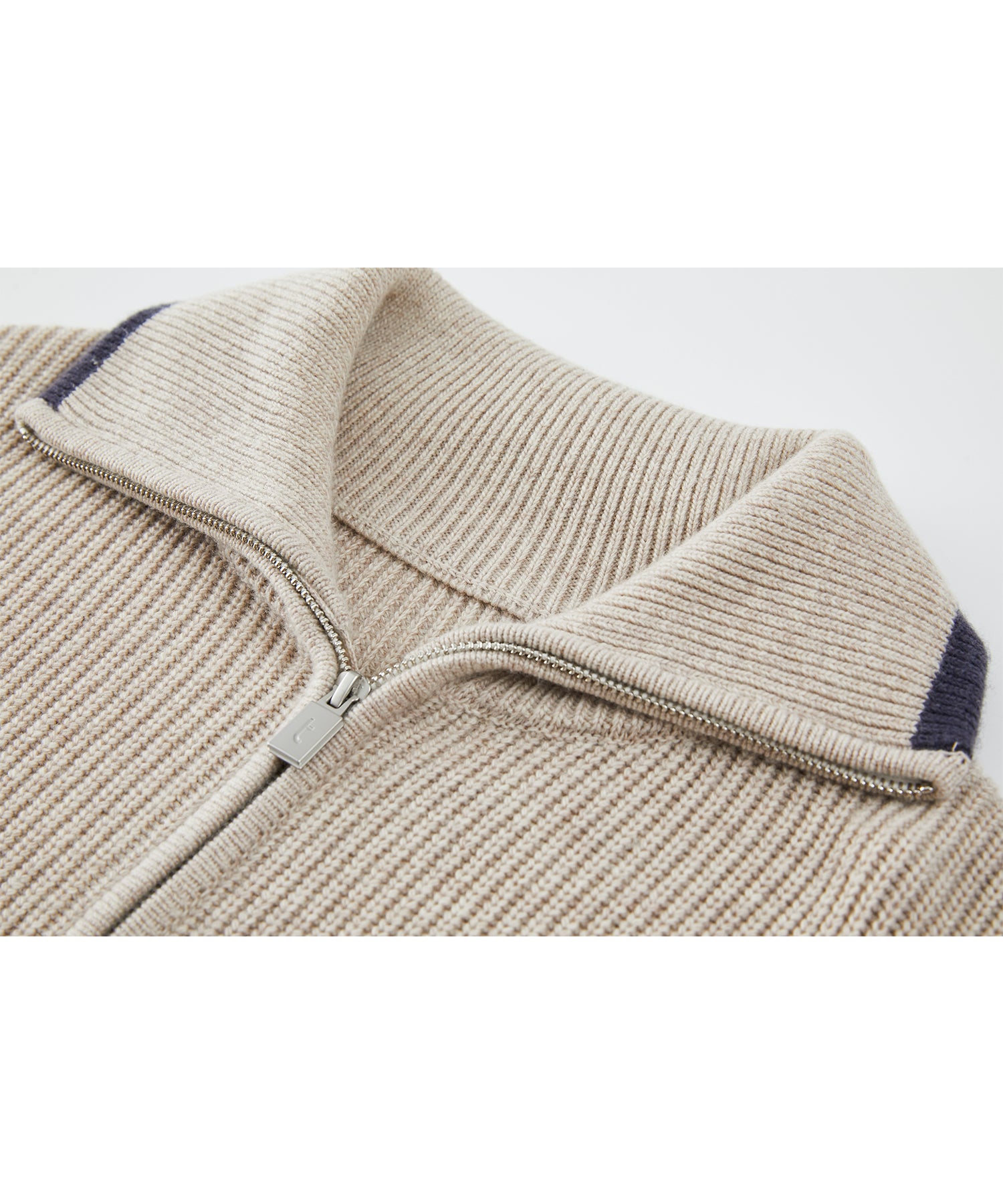 Contrast Panel Wool Zip Cardigan with Dual-Way Collar