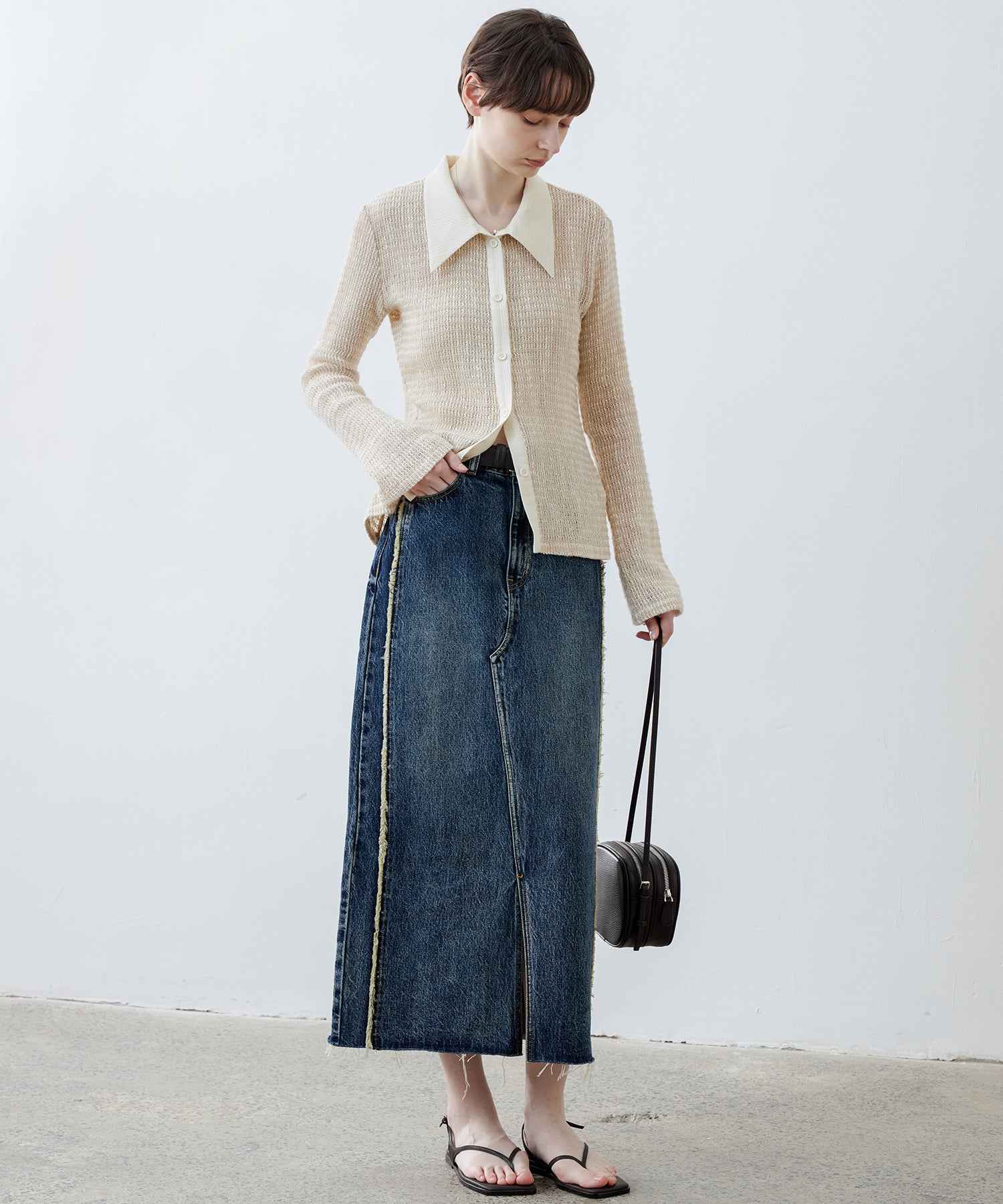 Two-Tone Openwork Knit Shirt Blouse