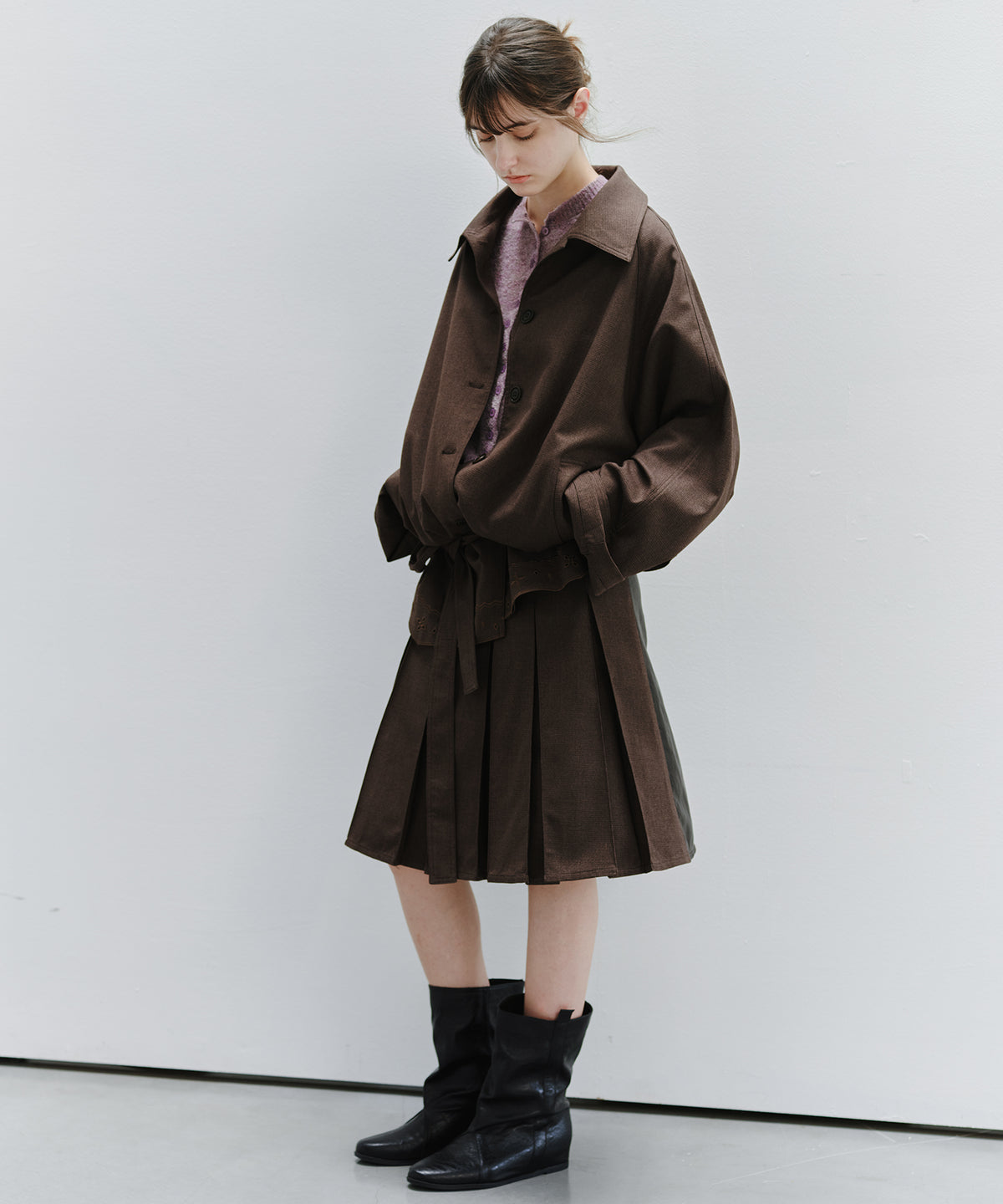 「9月下旬出荷予定」2WAY Faux Leather Pleated Midi Skirt