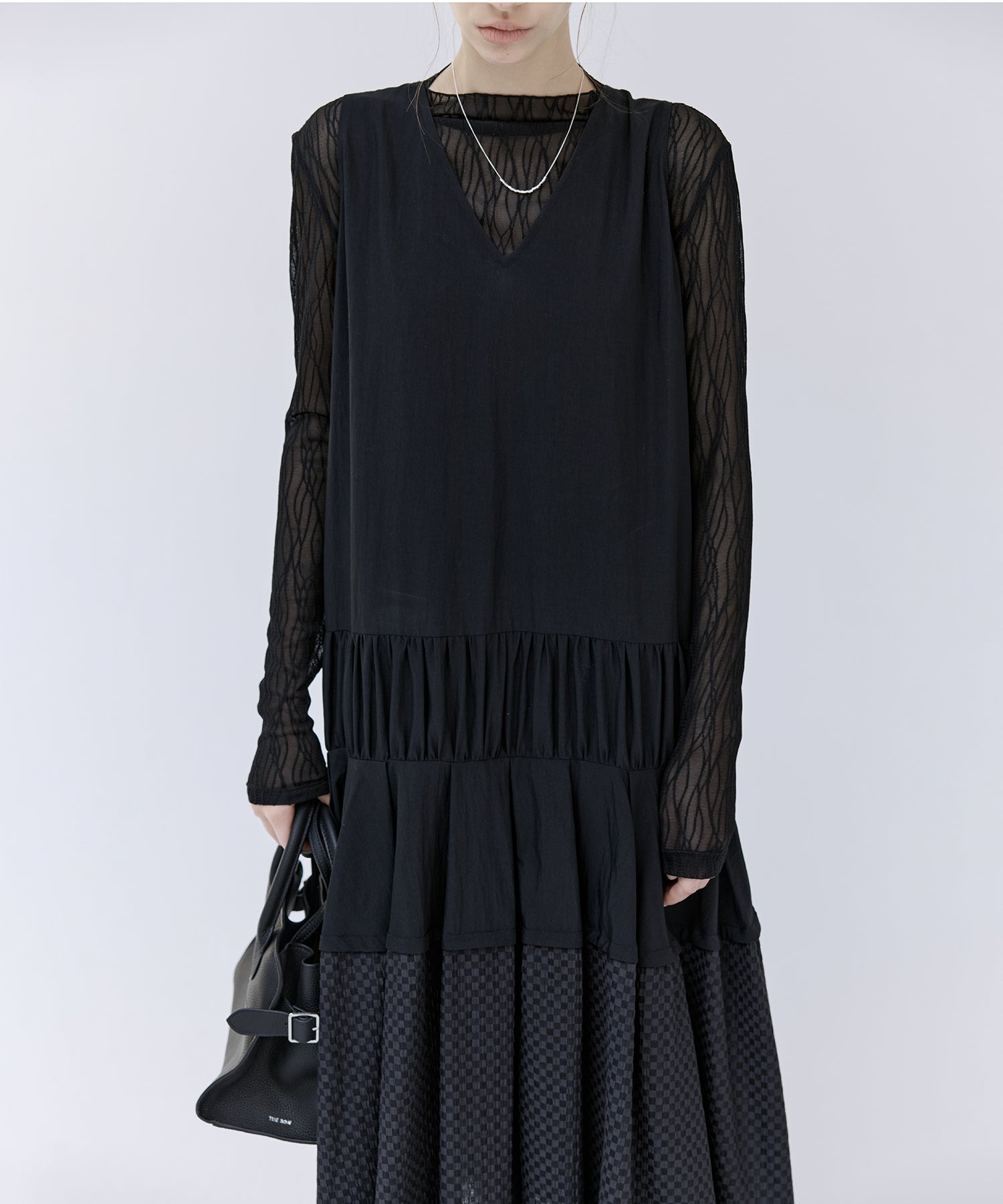 Mixed-Material Gathered V-Neck Flare Dress