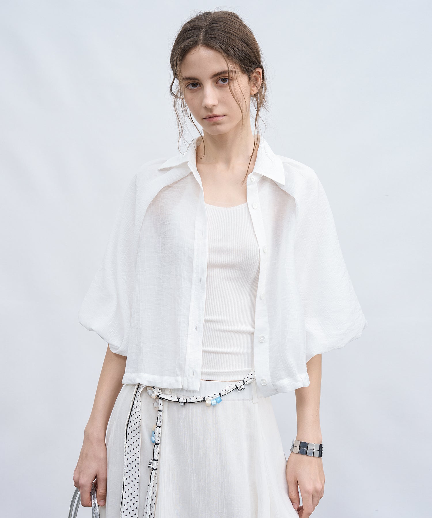 「7月上旬～中旬出荷」Sheer Stripe Balloon Sleeve Cropped Shirt