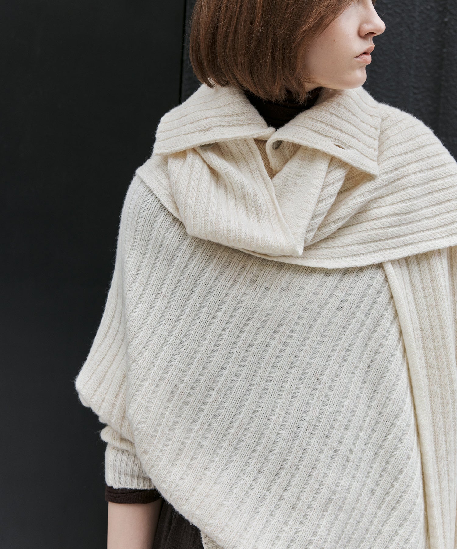 Asymmetric High-Neck Textured Knit Poncho Scarf
