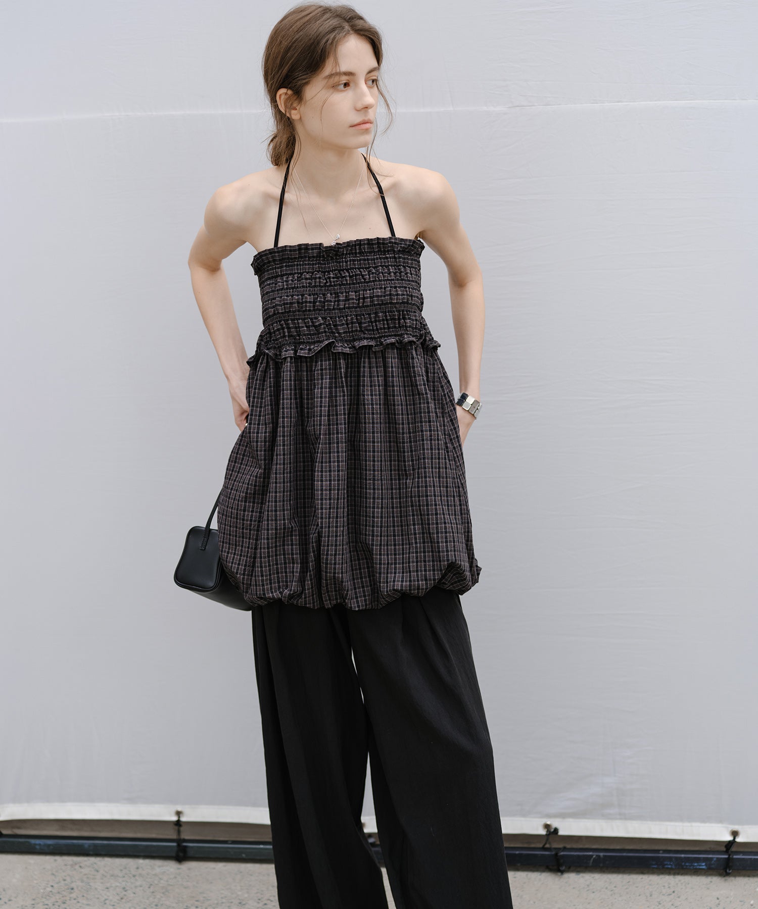 "Shipping from late February to early March" 2-way Smocked Check Bubble Skirt