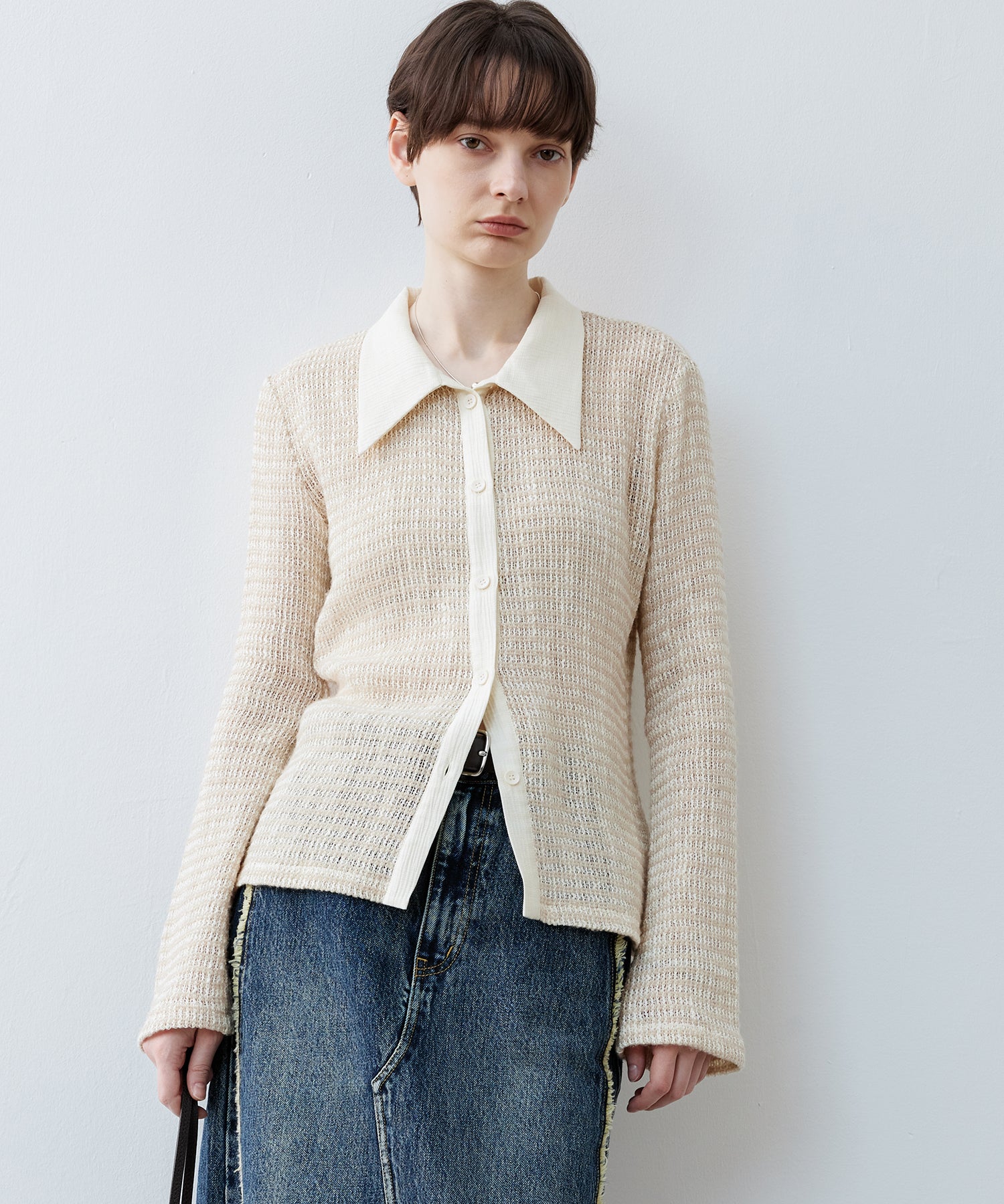 Two-Tone Openwork Knit Shirt Blouse