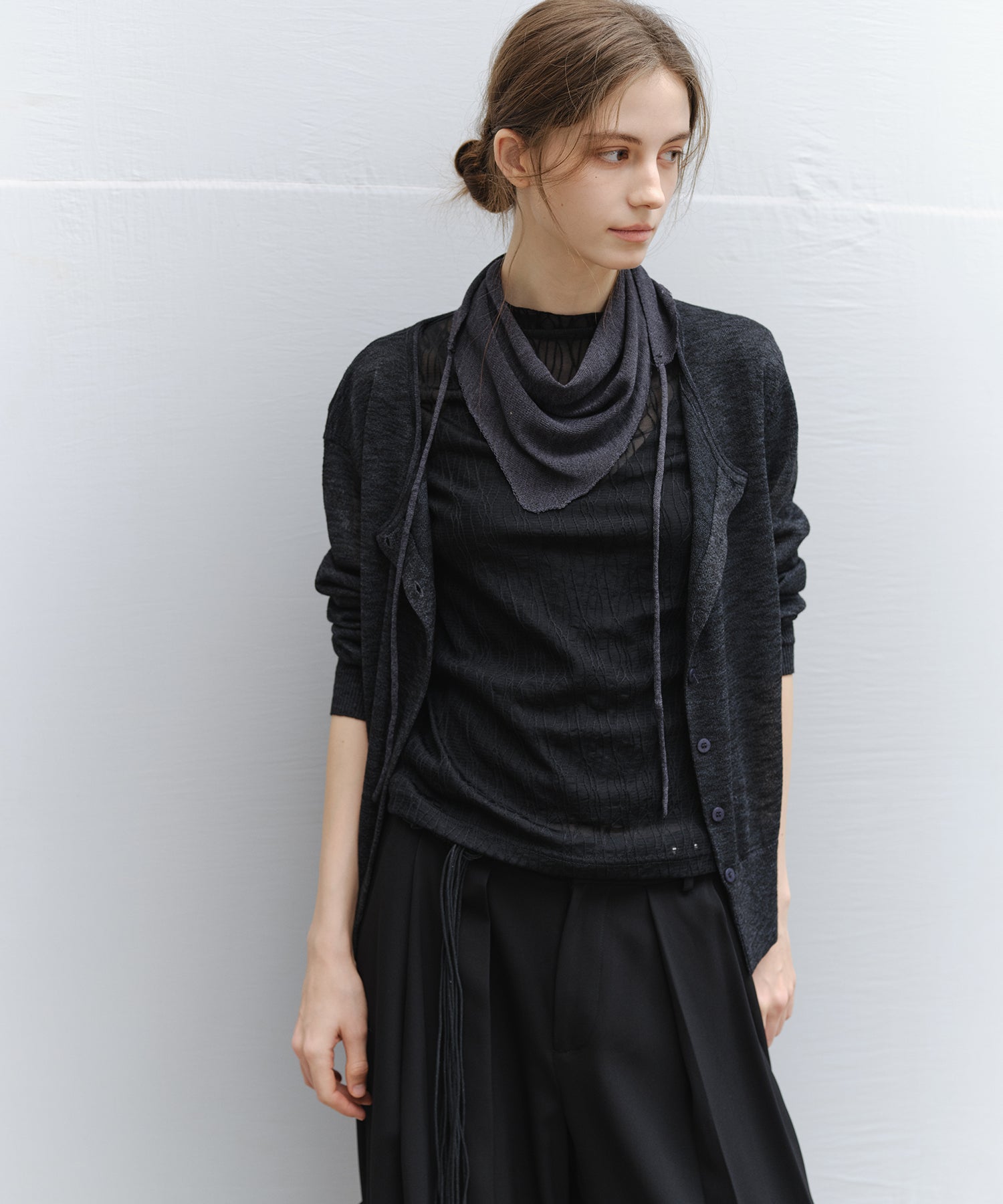 "Ships early March" Sheer Slub Yarn Crewneck Cardigan Set (with Scarf)