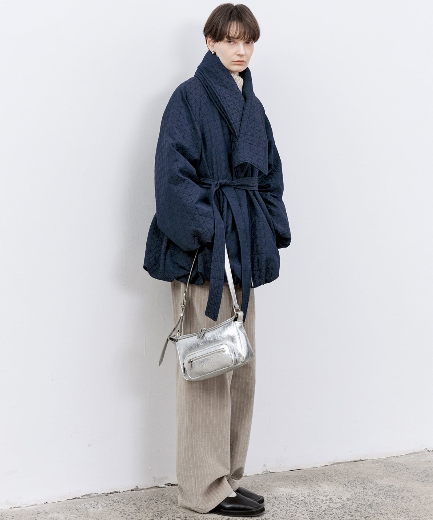 Diamond Jacquard Quilted Down Coat – Belt &amp; Scarf Set