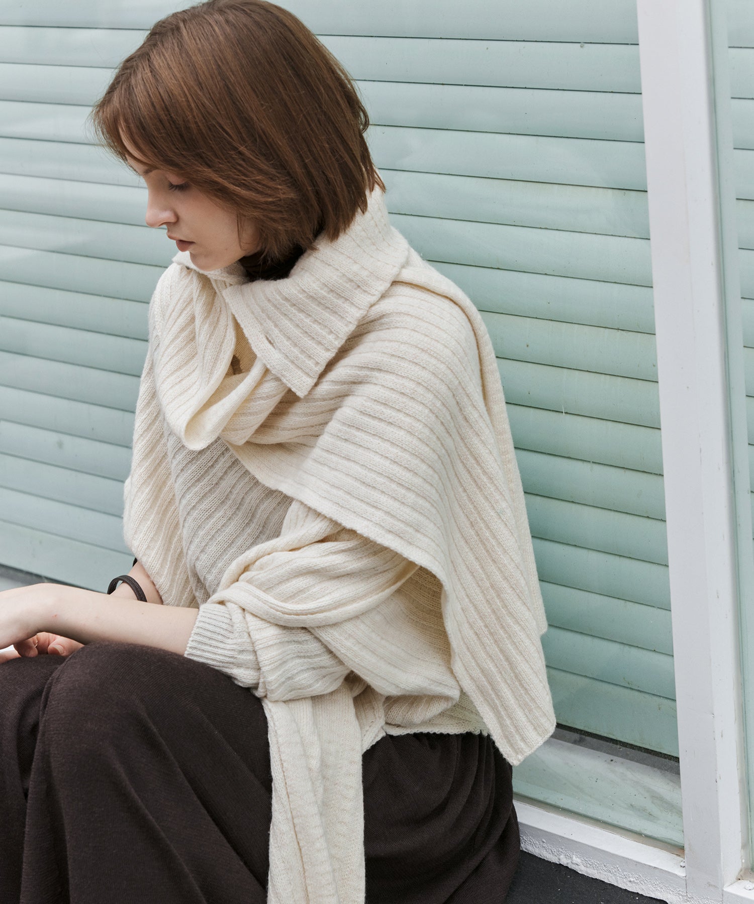 Asymmetric High-Neck Textured Knit Poncho Scarf