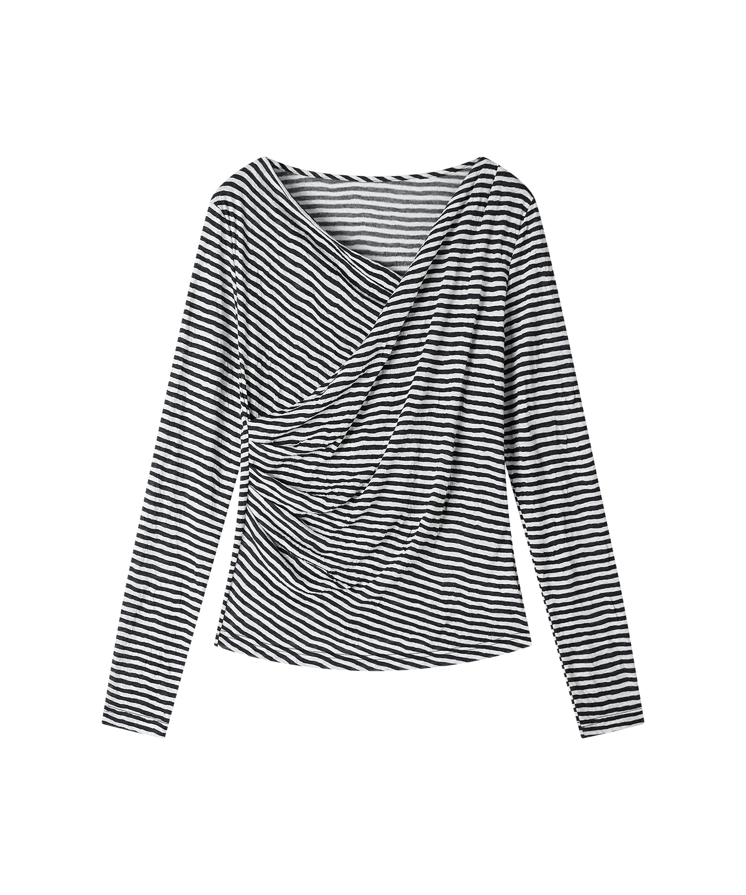 「9月下旬出荷予定」Cross Drape Neck Striped Long Sleeve Top