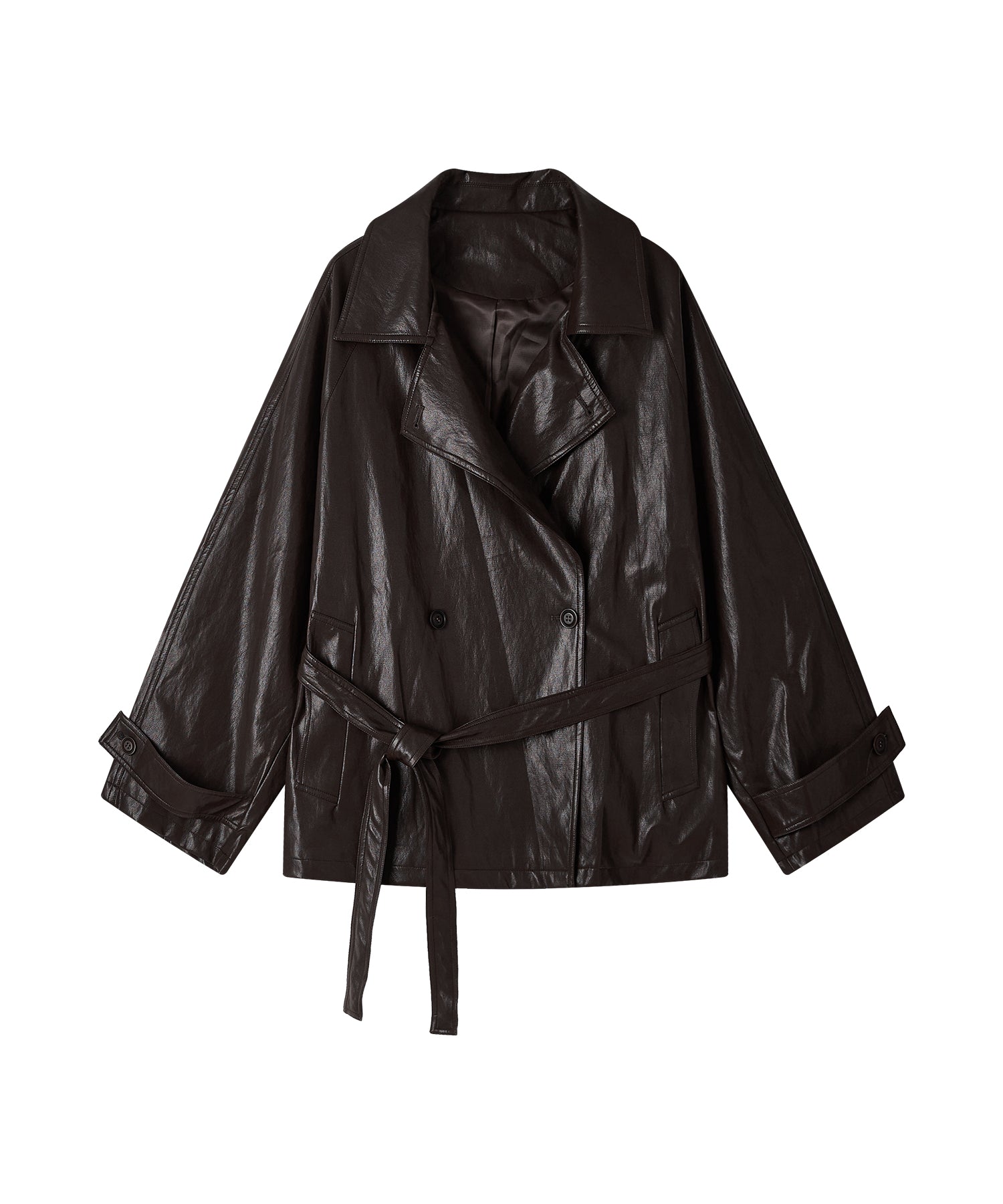 「9月下旬出荷予定」Belted Faux Leather Short Trench Jacket
